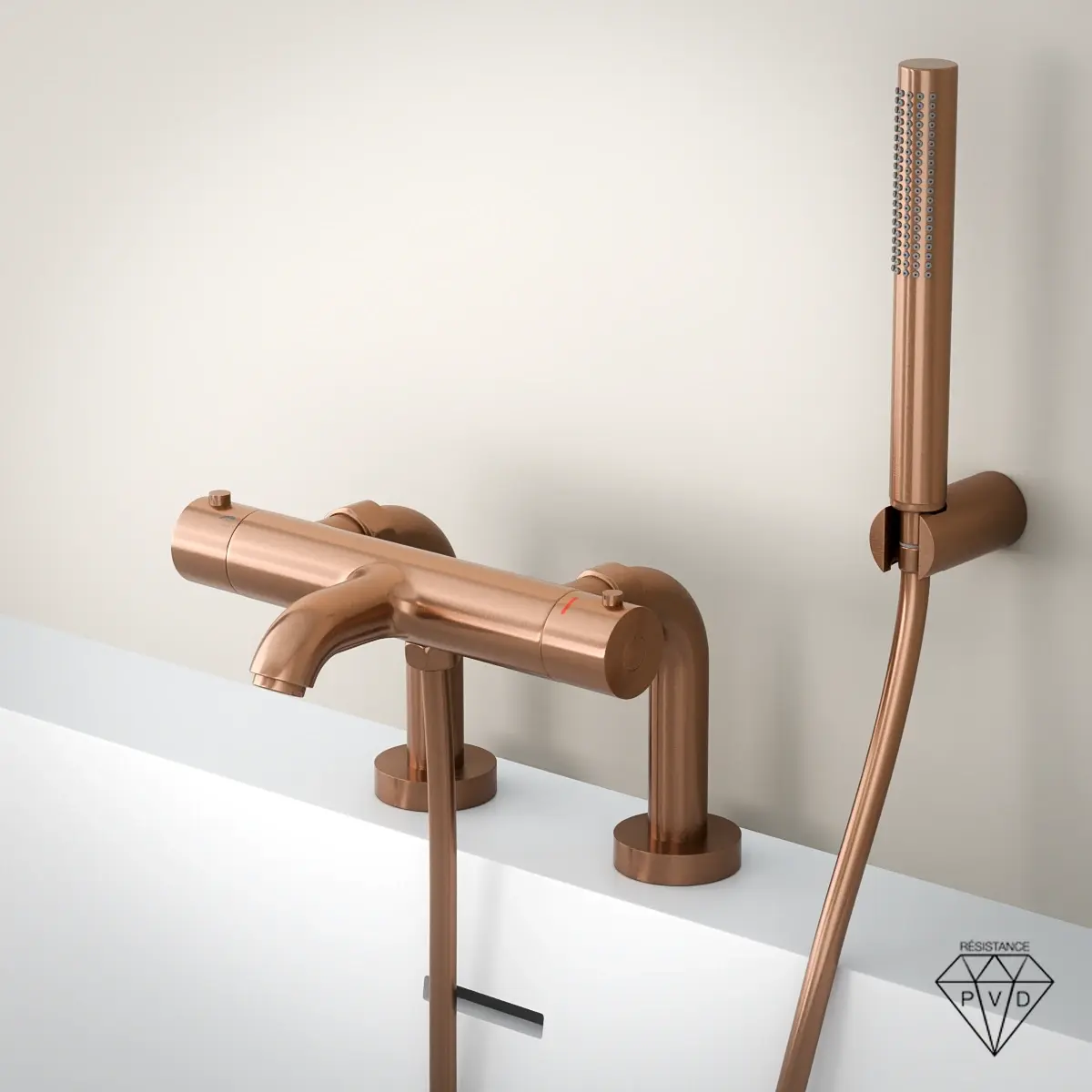 Mitigeur thermostatique bain-douche Châtelet doré rose brossé avec colonnettes, finition élégante et contemporaine