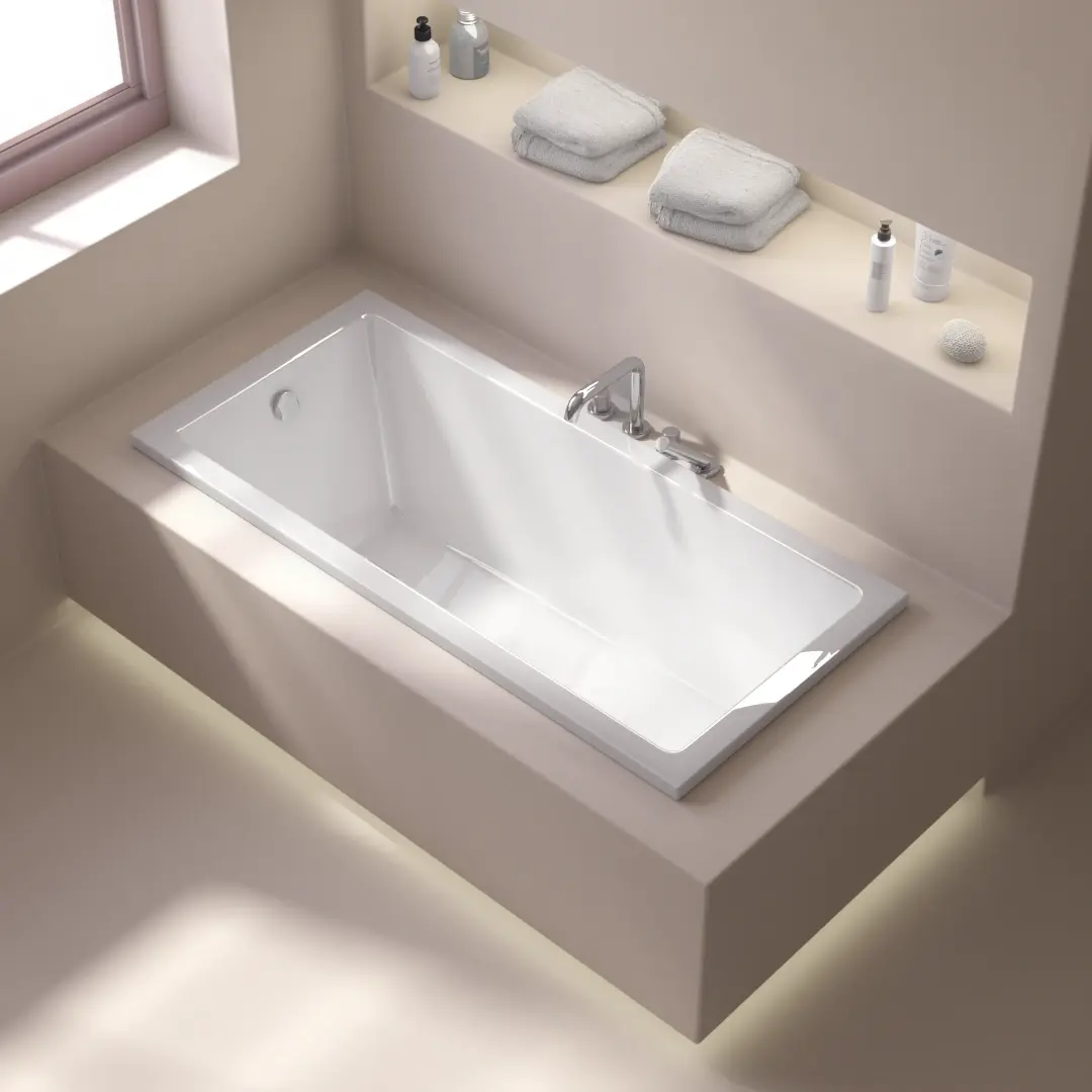 Baignoire encastrable Lavezzi 150x70 cm acrylique blanc brillant avec pieds et vidage carré inclus.