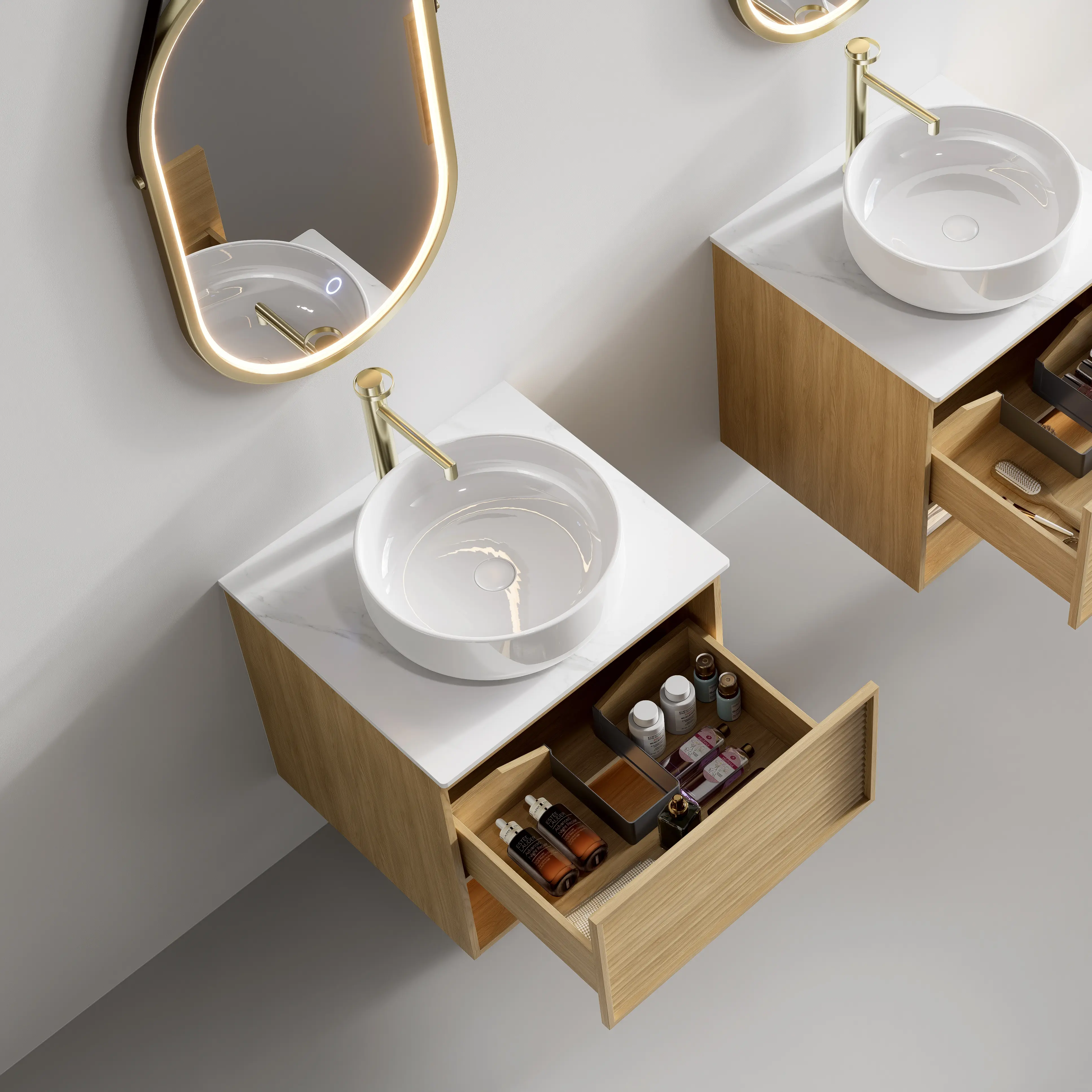 Ensemble meuble chêne 60x54cm avec plan Carrara, vasque, tiroir et niche avec LED et miroir LED doré brossé – Minions