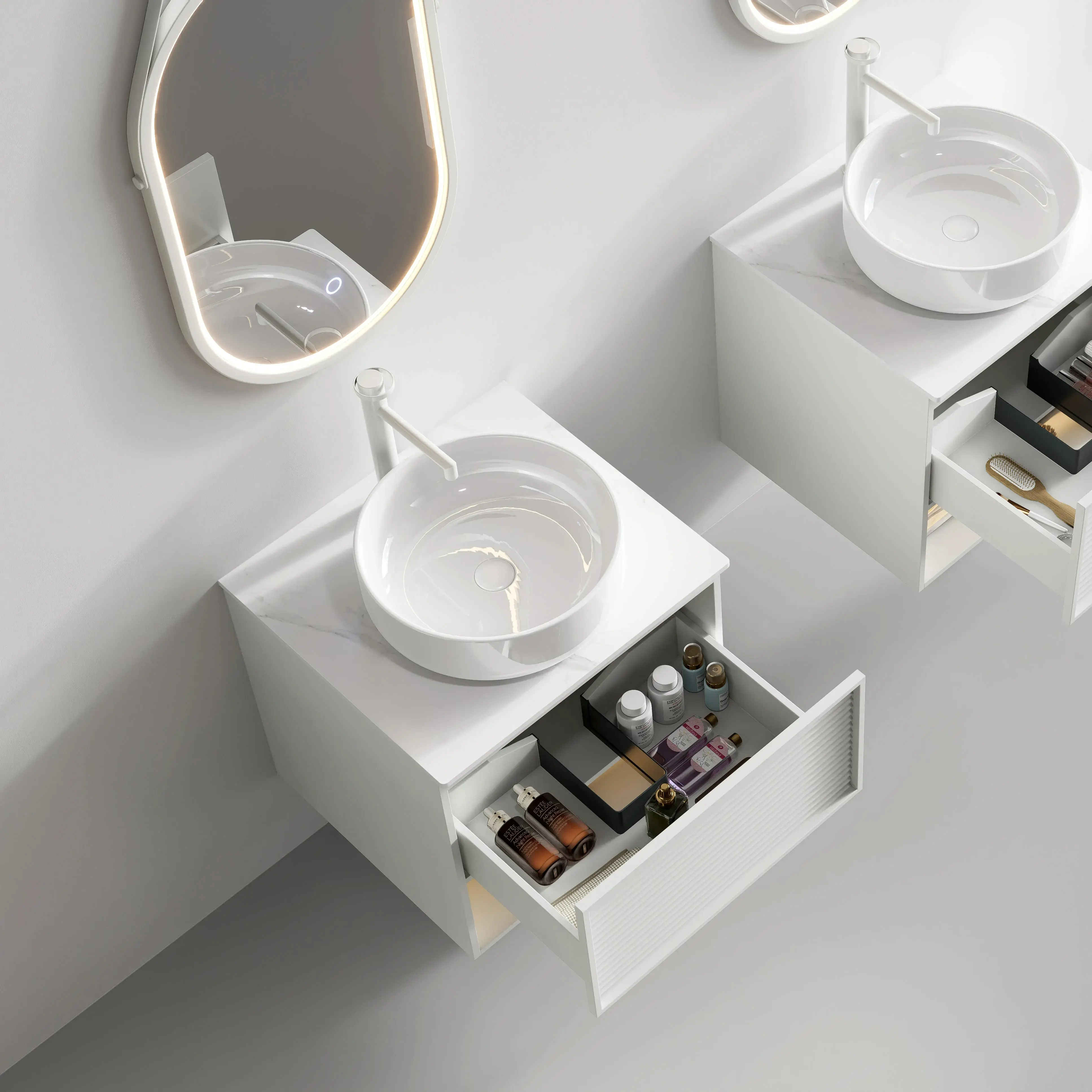 Ensemble meuble blanc 60x54cm avec plan Carrara, vasque, tiroir et niche avec LED et miroir LED – Minions