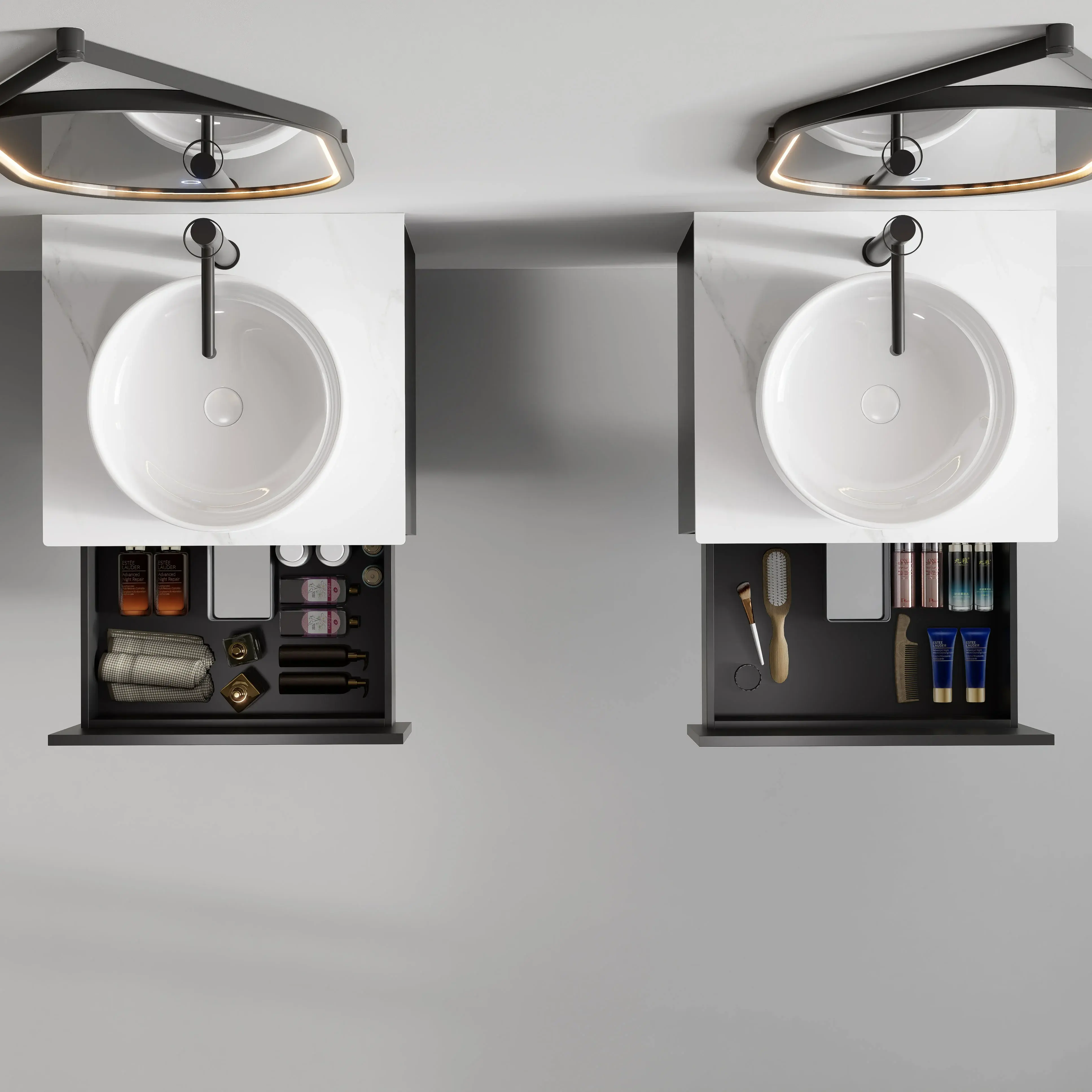 Ensemble meuble noir 60x54 cm avec plan Carrara, vasque, tiroir et niche avec LED et miroir LED noir – Minions