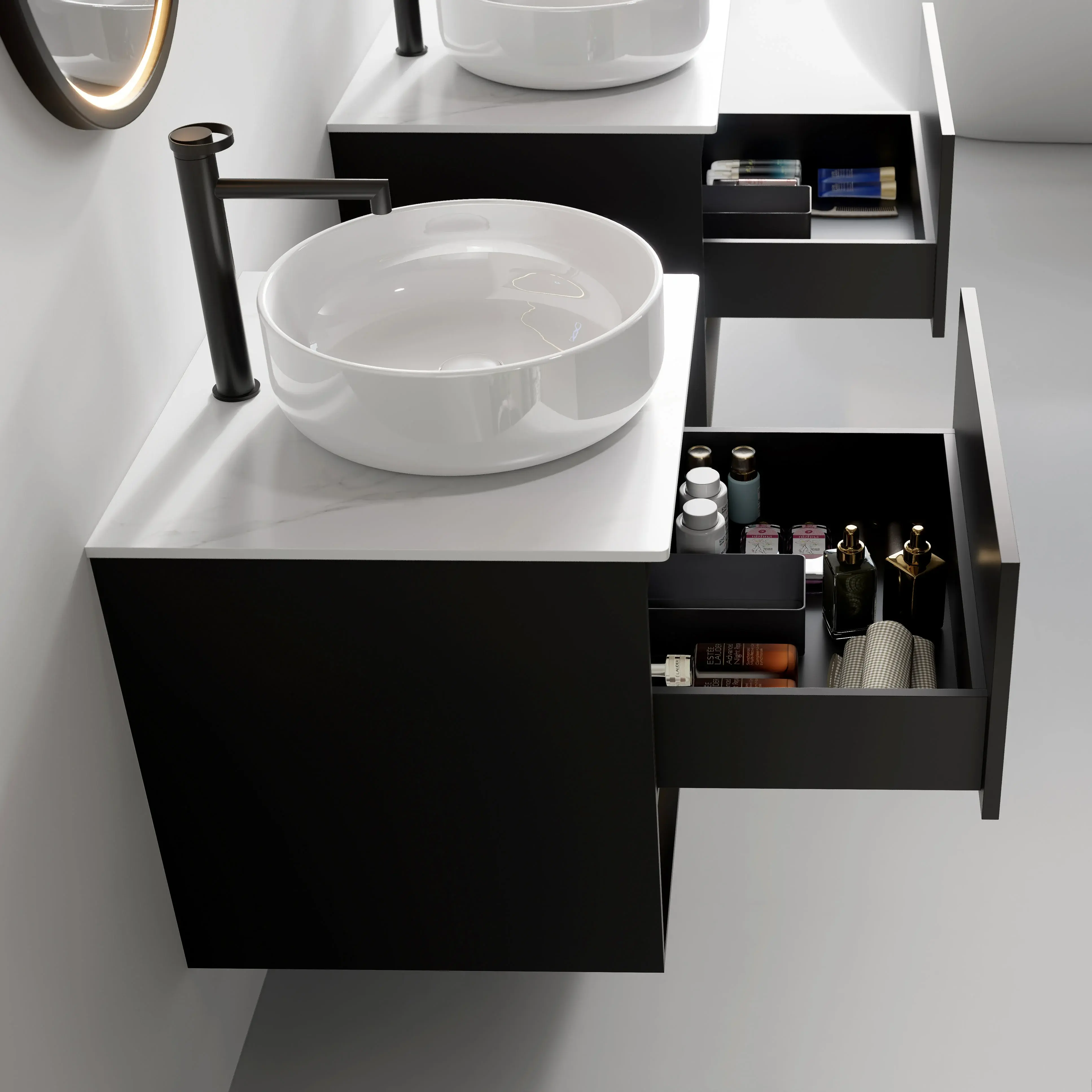 Ensemble meuble noir 60x54 cm avec plan Carrara, vasque, tiroir et niche avec LED et miroir LED noir – Minions