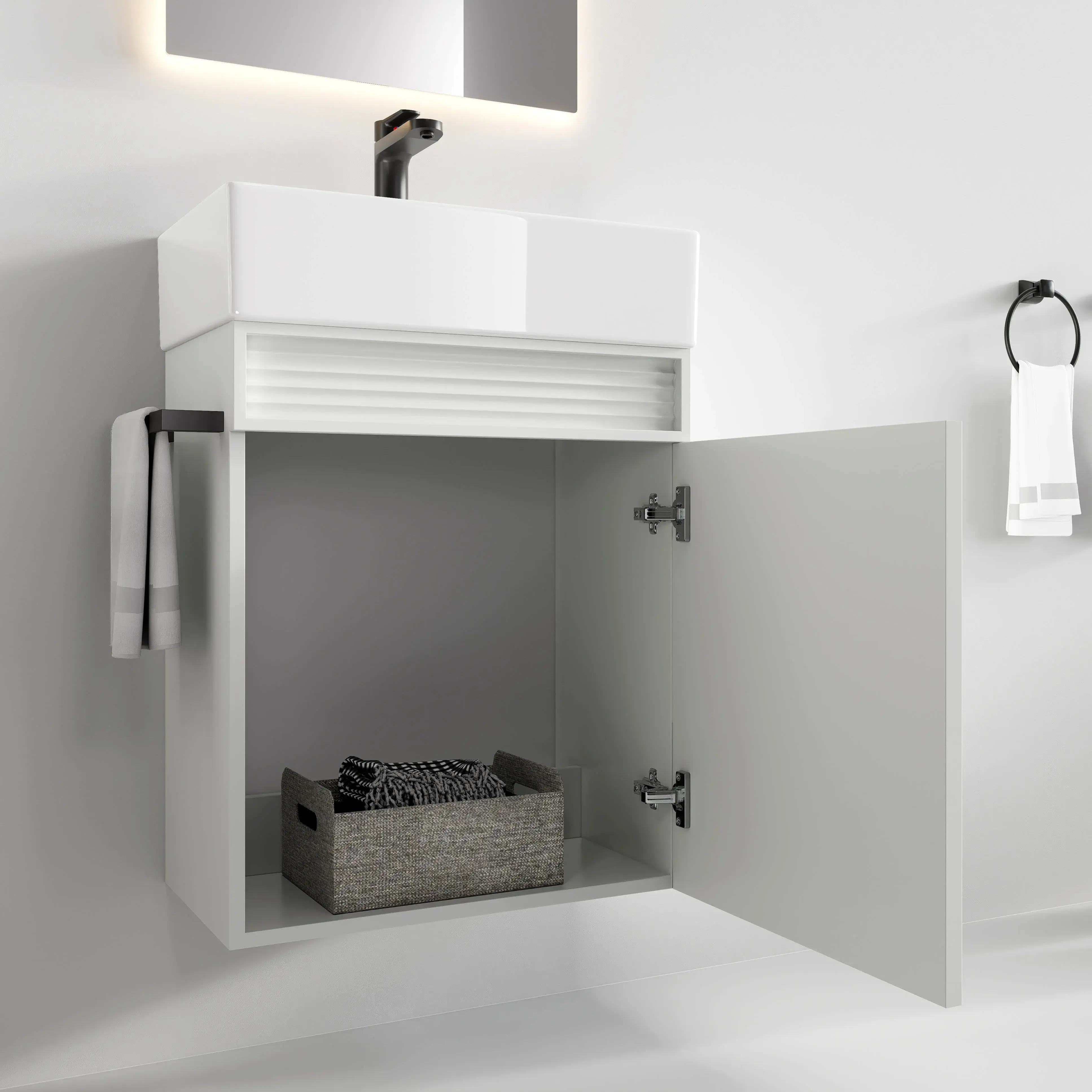 Ensemble meuble blanc avec vasque 50x35cm et miroir LED – Piccolo