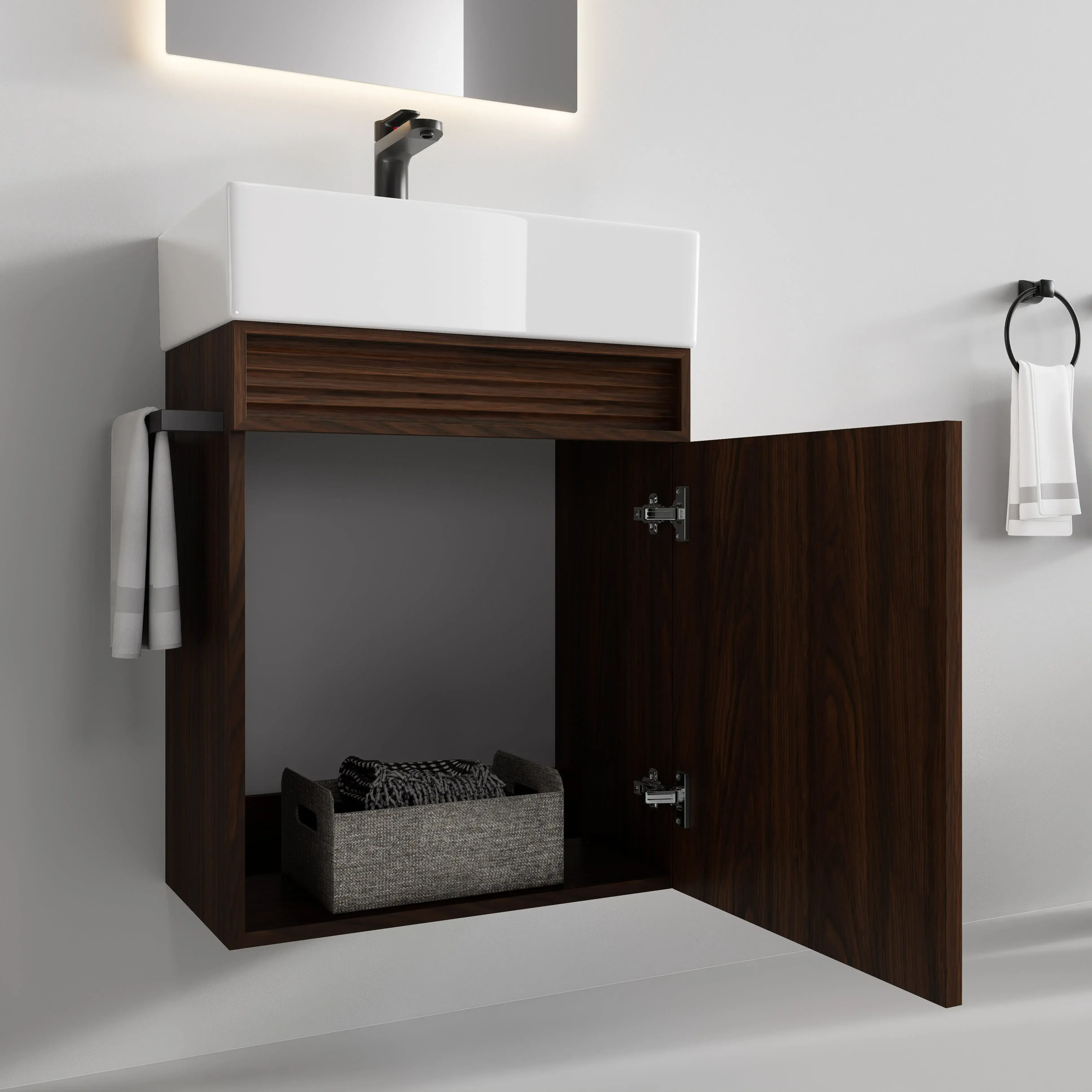 Ensemble meuble noyer avec vasque 50x35cm et miroir LED – Piccolo
