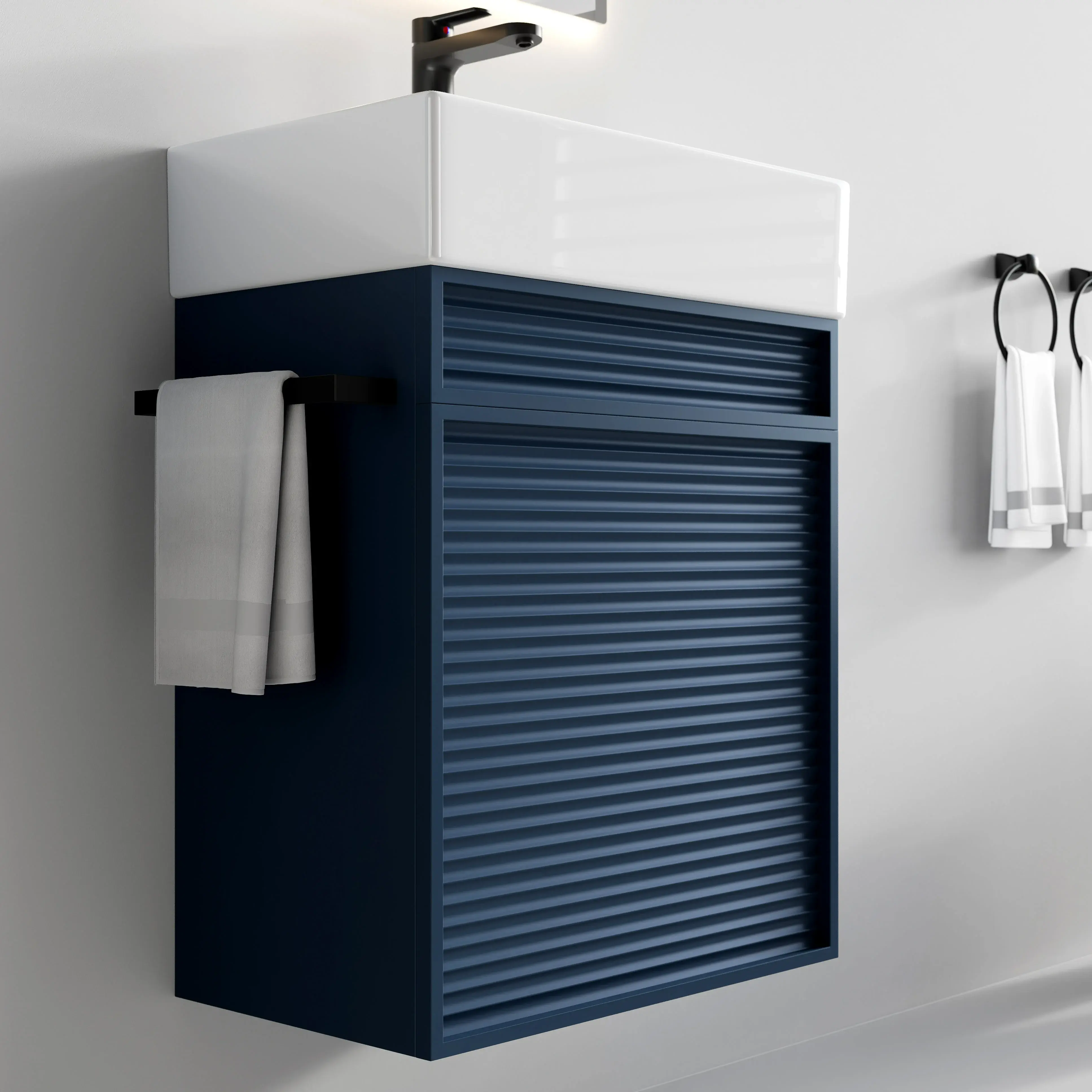 Ensemble meuble bleu nuit mat avec vasque 50x35cm et miroir LED – Piccolo