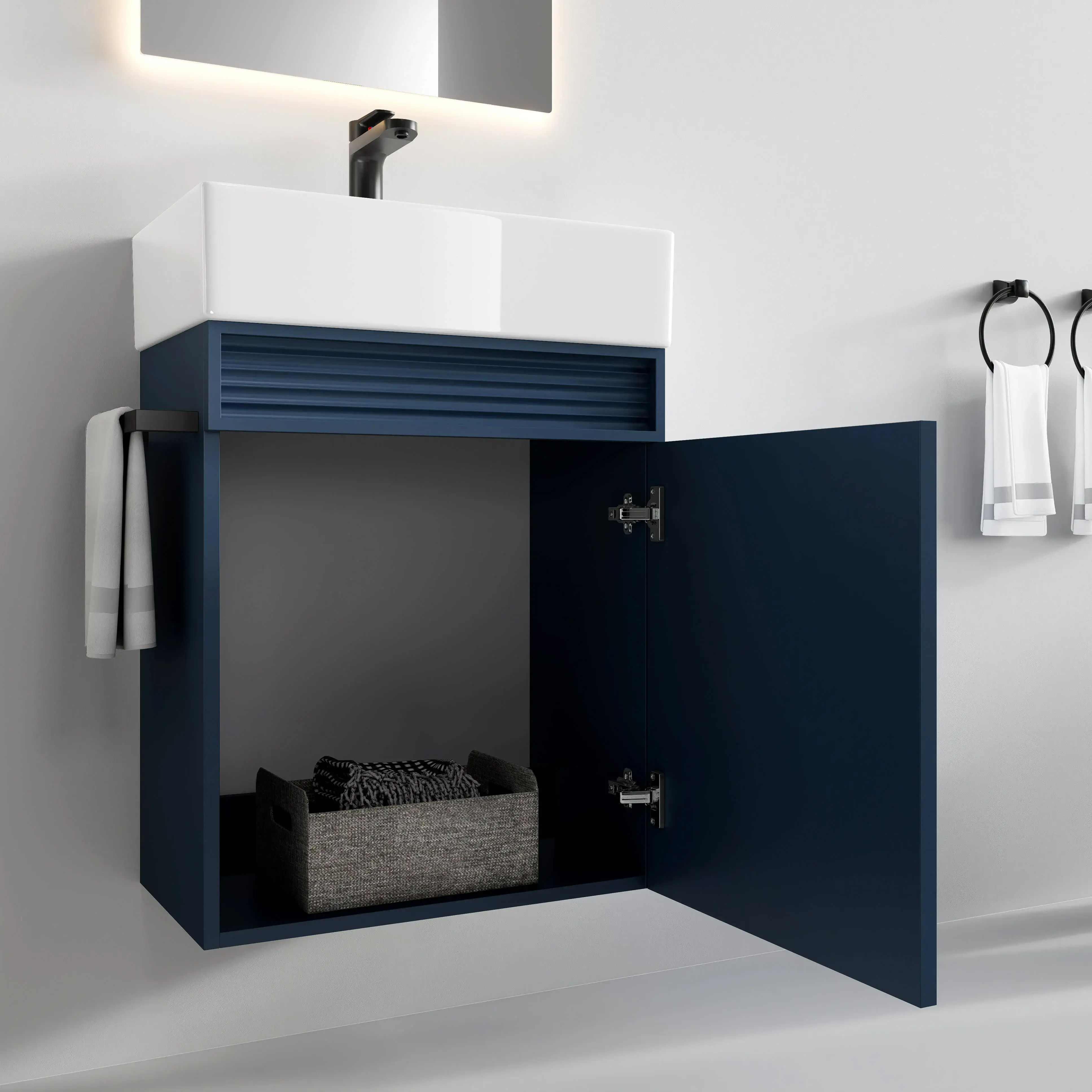 Ensemble meuble bleu nuit mat avec vasque 50x35cm et miroir LED – Piccolo