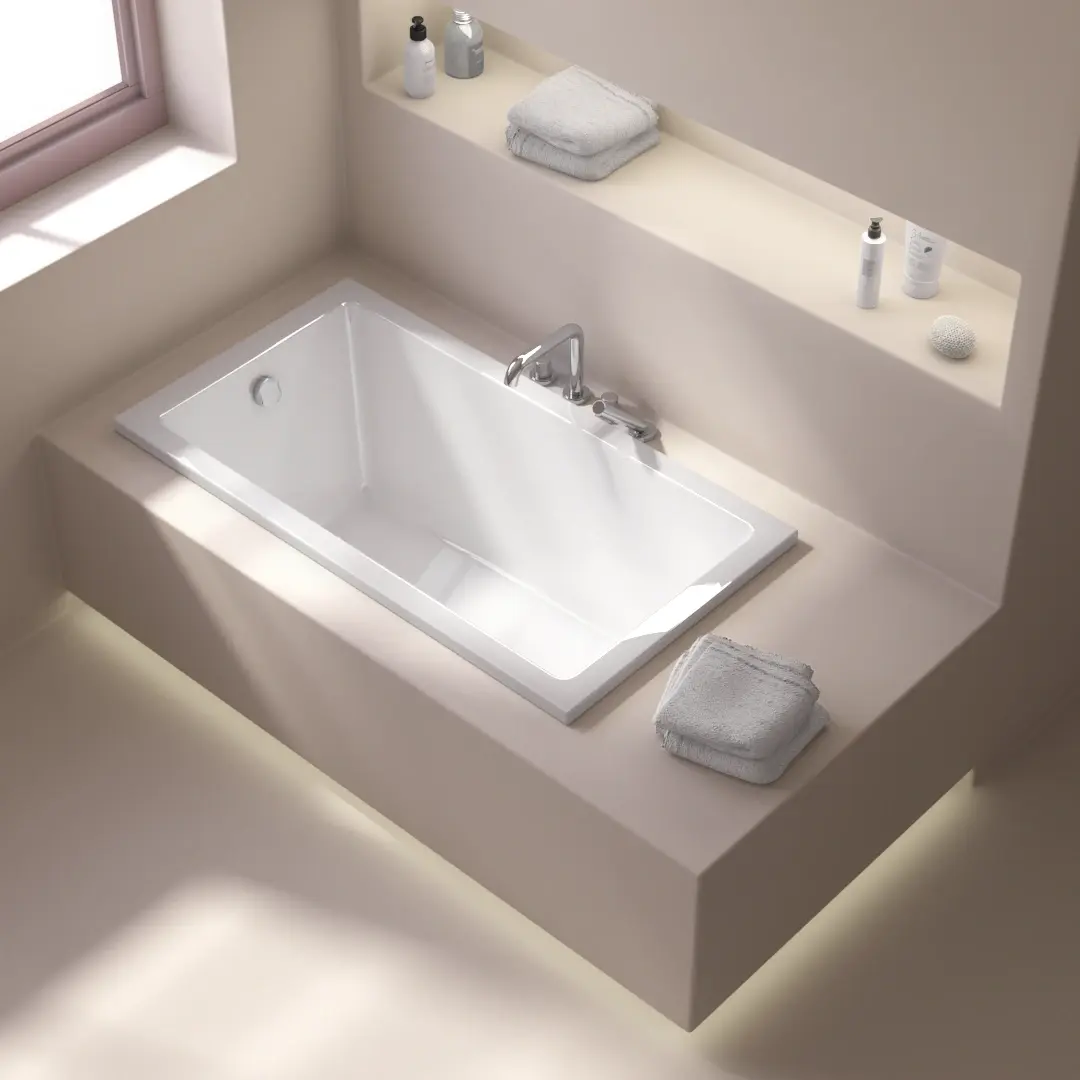 Baignoire encastrable Lavezzi 130x70 cm acrylique blanc brillant avec pieds et vidage carré inclus.