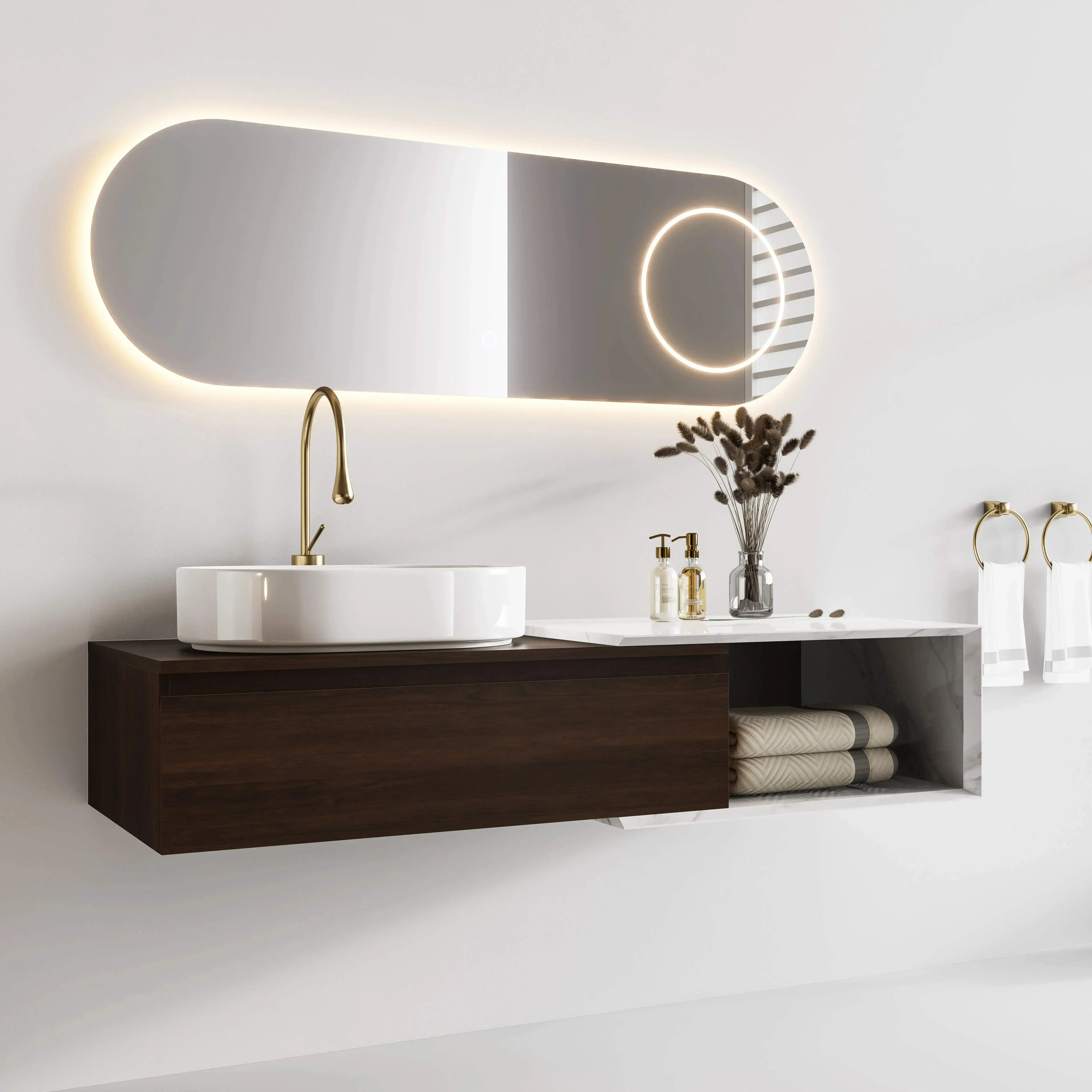Ensemble meuble noyer,  vasque à poser, meuble ajustable 90 à 140cm Carrara et miroir LED – Streich