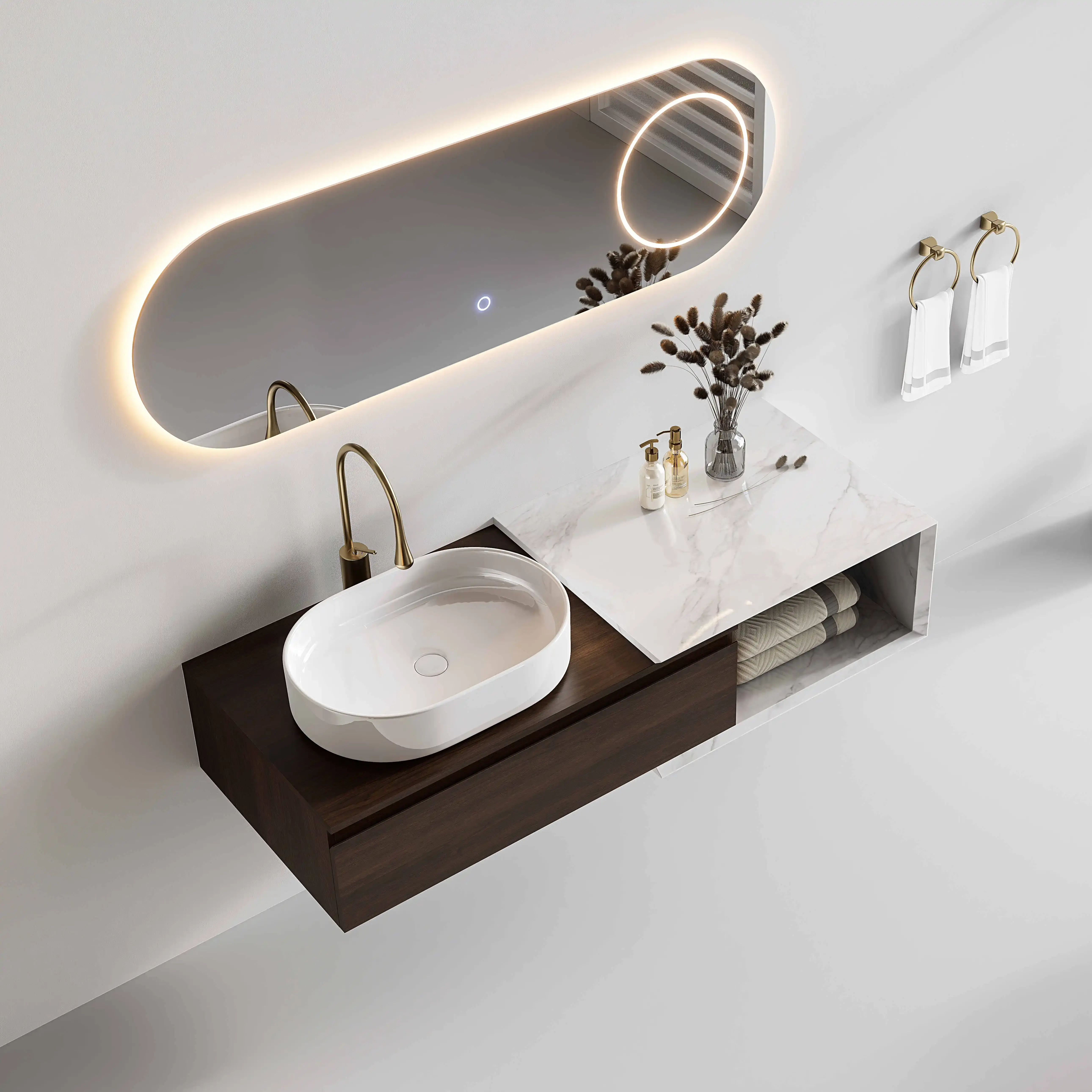Ensemble meuble noyer,  vasque à poser, meuble ajustable 90 à 140cm Carrara et miroir LED – Streich