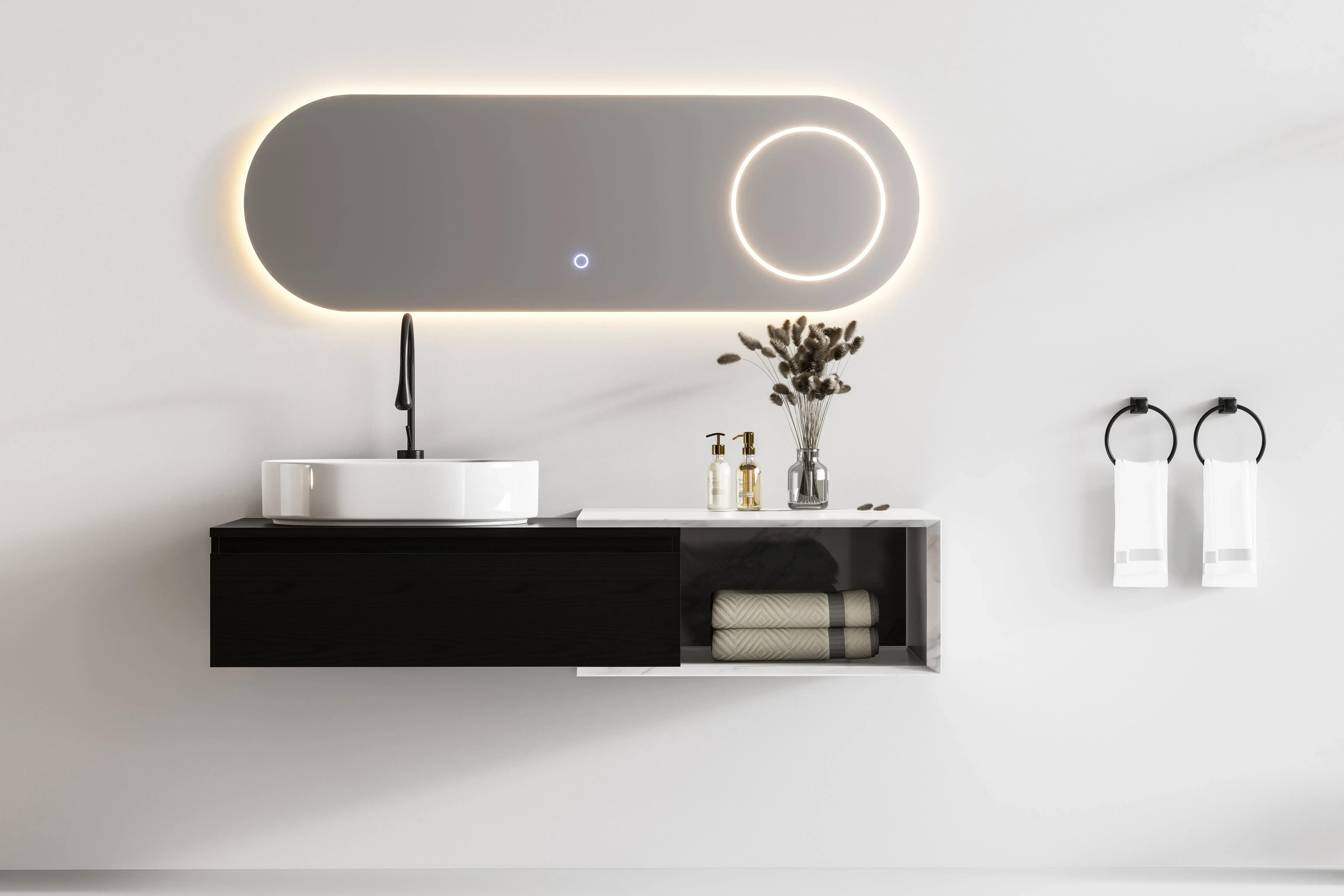 Ensemble meuble vasque 90 cm Streich en bois noir avec vasque à poser blanche, module ajustable Carrara brillant et miroir LED ovale 140x45 cm – design moderne et contrasté