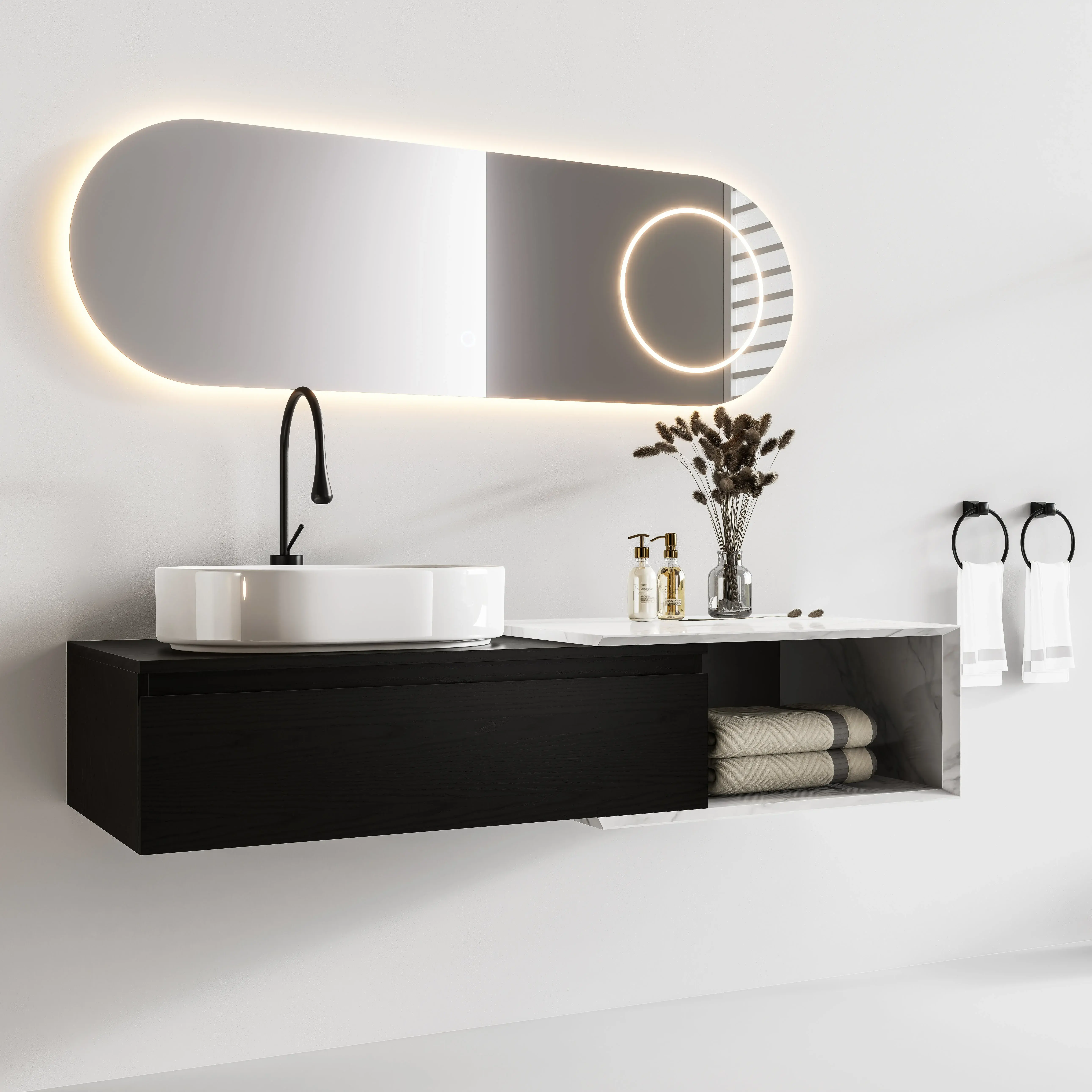Ensemble meuble bois noir, vasque à poser, meuble ajustable 90 à 140cm Carrara  et miroir LED – Streich