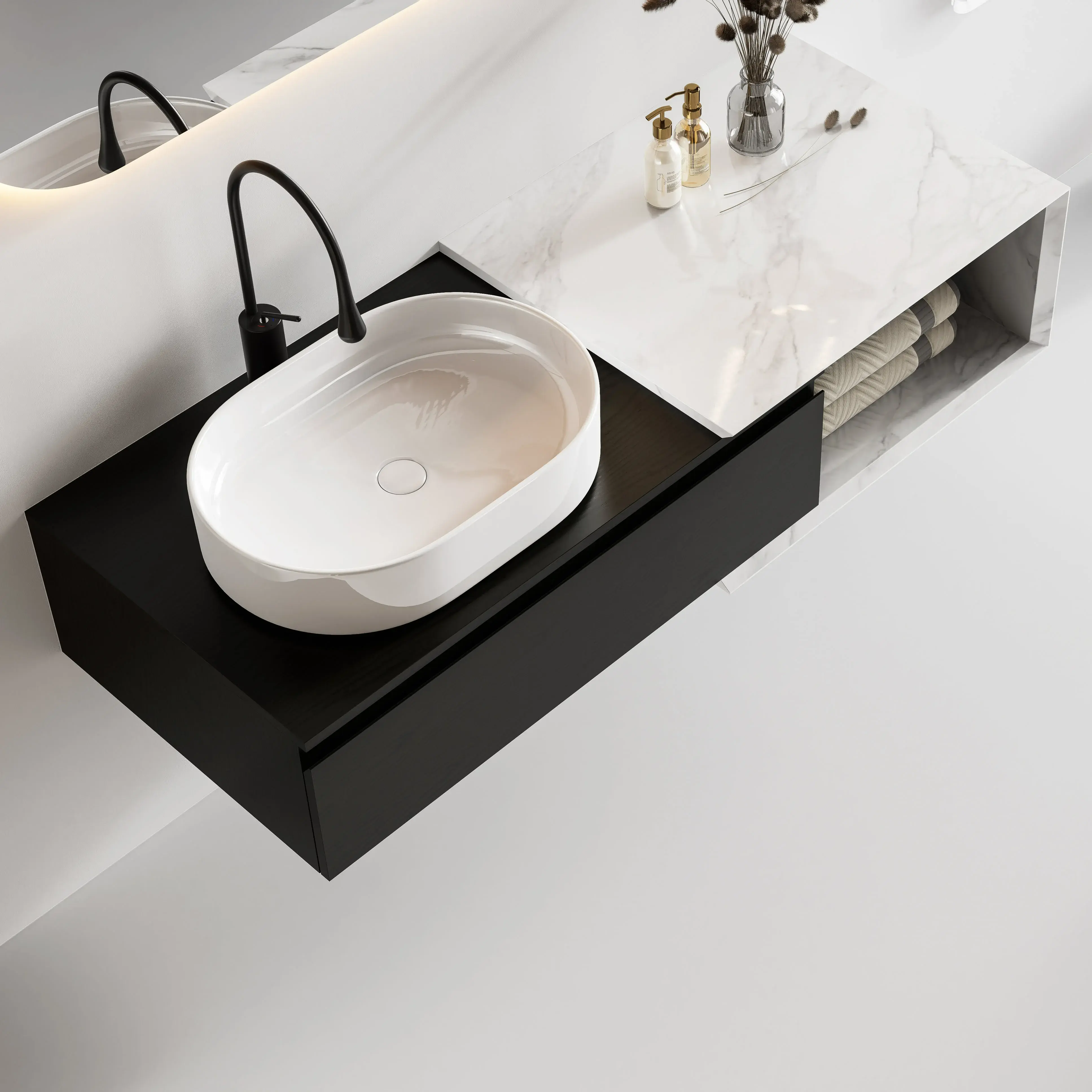 Ensemble meuble bois noir, vasque à poser, meuble ajustable 90 à 140cm Carrara  et miroir LED – Streich