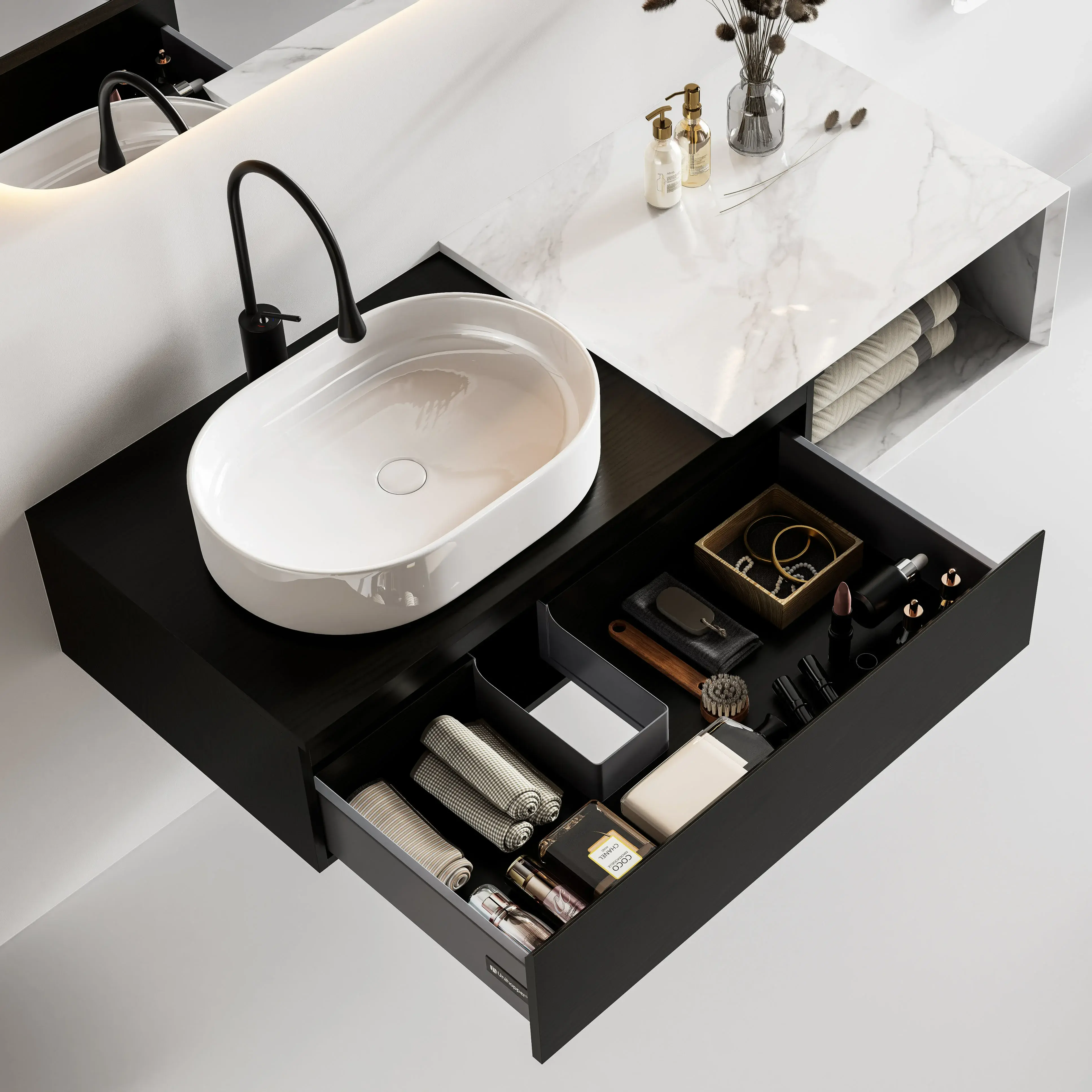 Ensemble meuble bois noir, vasque à poser, meuble ajustable 90 à 140cm Carrara  et miroir LED – Streich