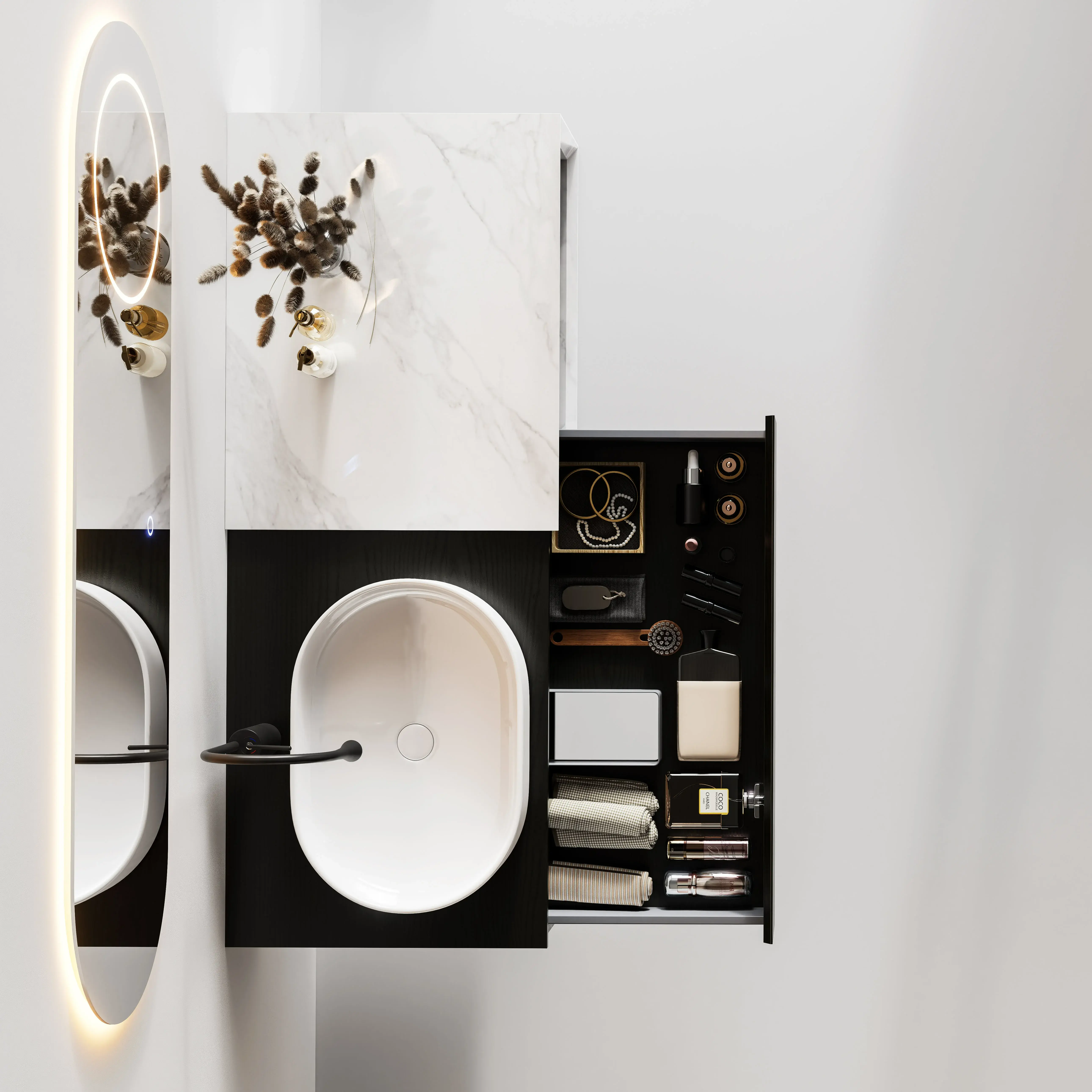 Ensemble meuble bois noir, vasque à poser, meuble ajustable 90 à 140cm Carrara  et miroir LED – Streich