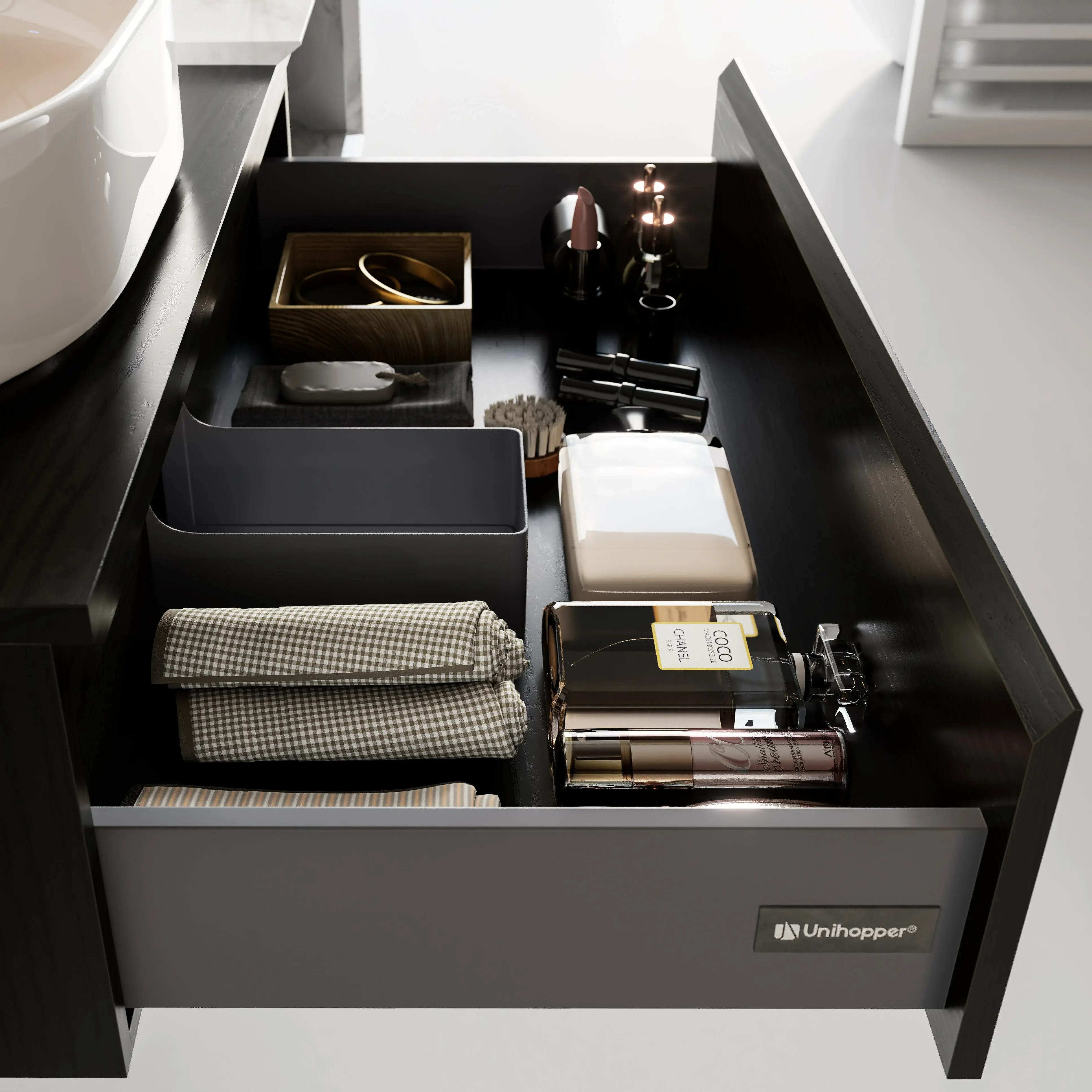 Ensemble meuble bois noir, vasque à poser, meuble ajustable 90 à 140cm Carrara  et miroir LED – Streich