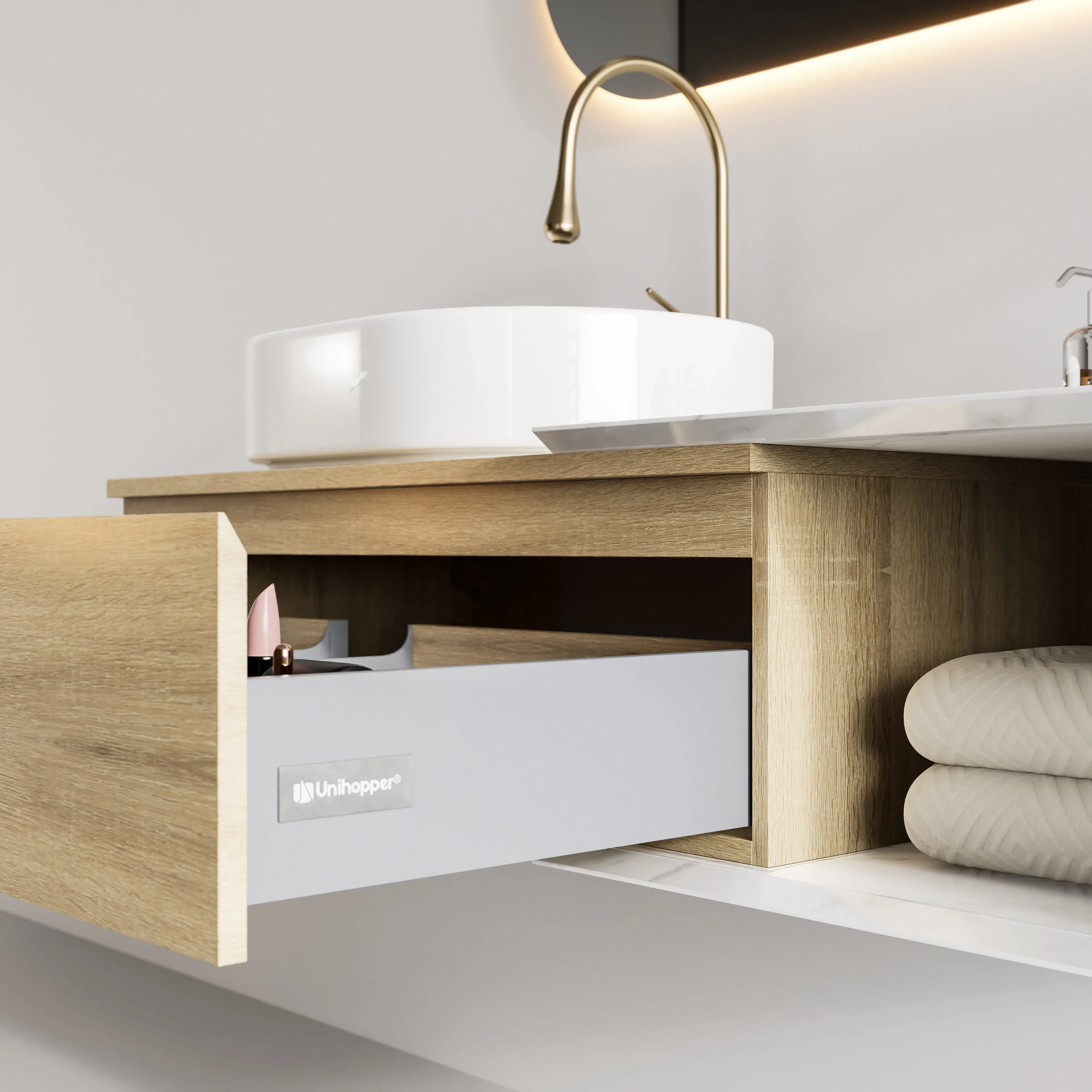 Ensemble meuble chêne, vasque à poser, meuble ajustable 90 à 140cm Carrara et miroir LED – Streich