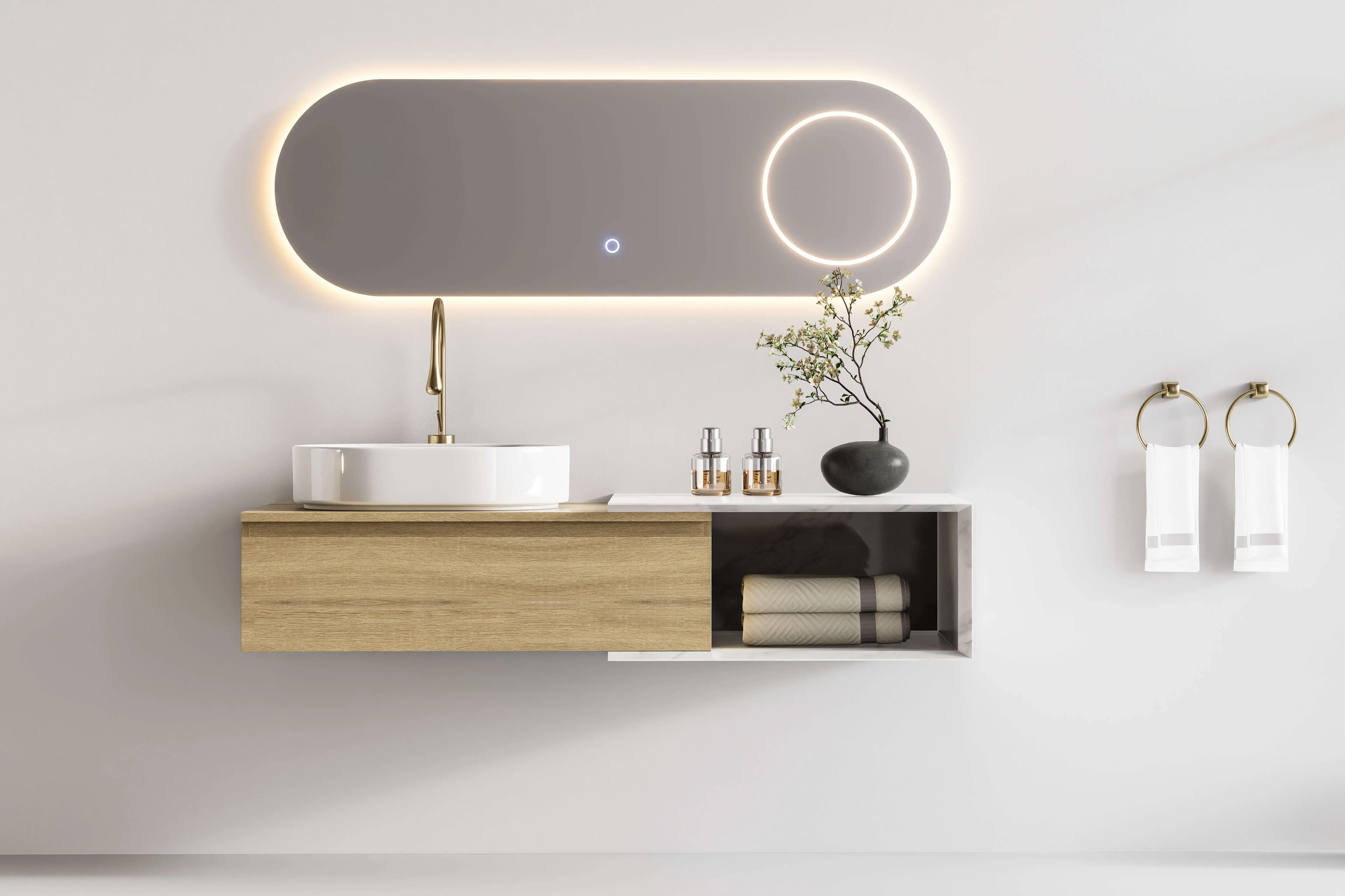 Ensemble meuble vasque 90 cm Streich en chêne avec vasque à poser blanche, module ajustable Carrara brillant et miroir LED ovale 140x45 cm – style naturel et contemporain