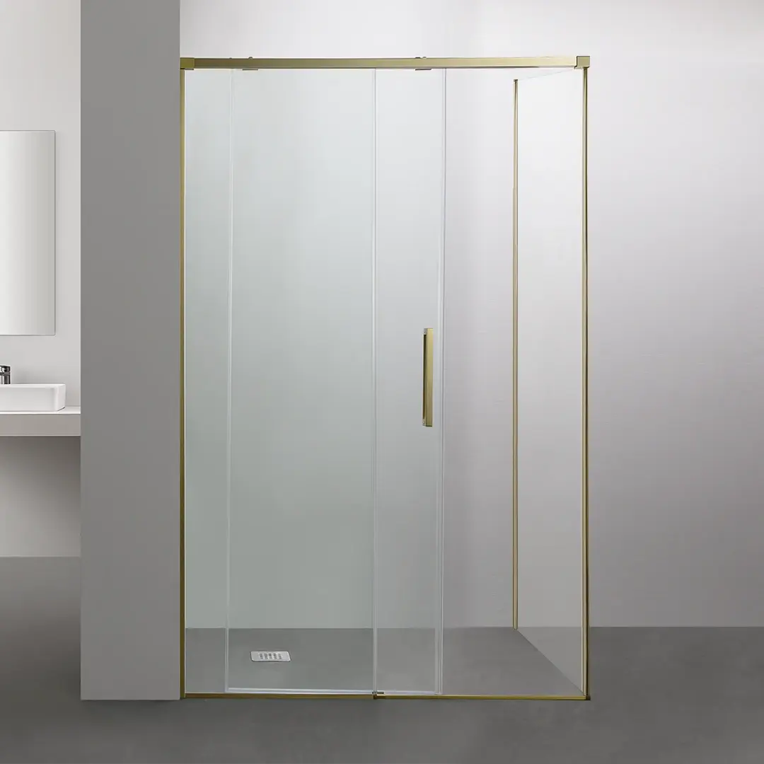 Cabine de douche PORTA dorée brossée en verre transparent anticalcaire avec porte coulissante réversible et retour fixe – Hauteur 195 cm