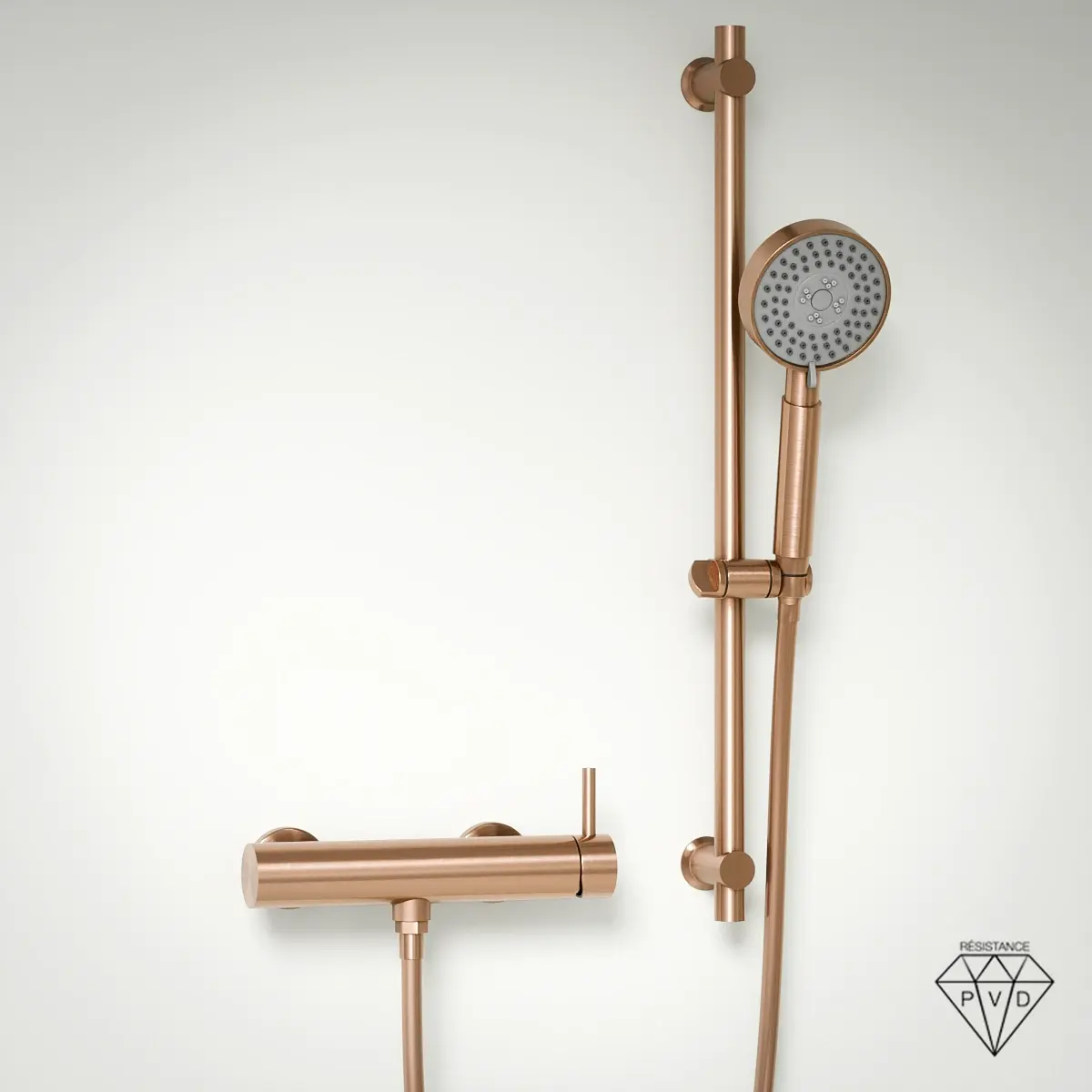 Mitigeur de douche doré rose brossé PVD Châtelet avec barre et douchette ronde multifonction