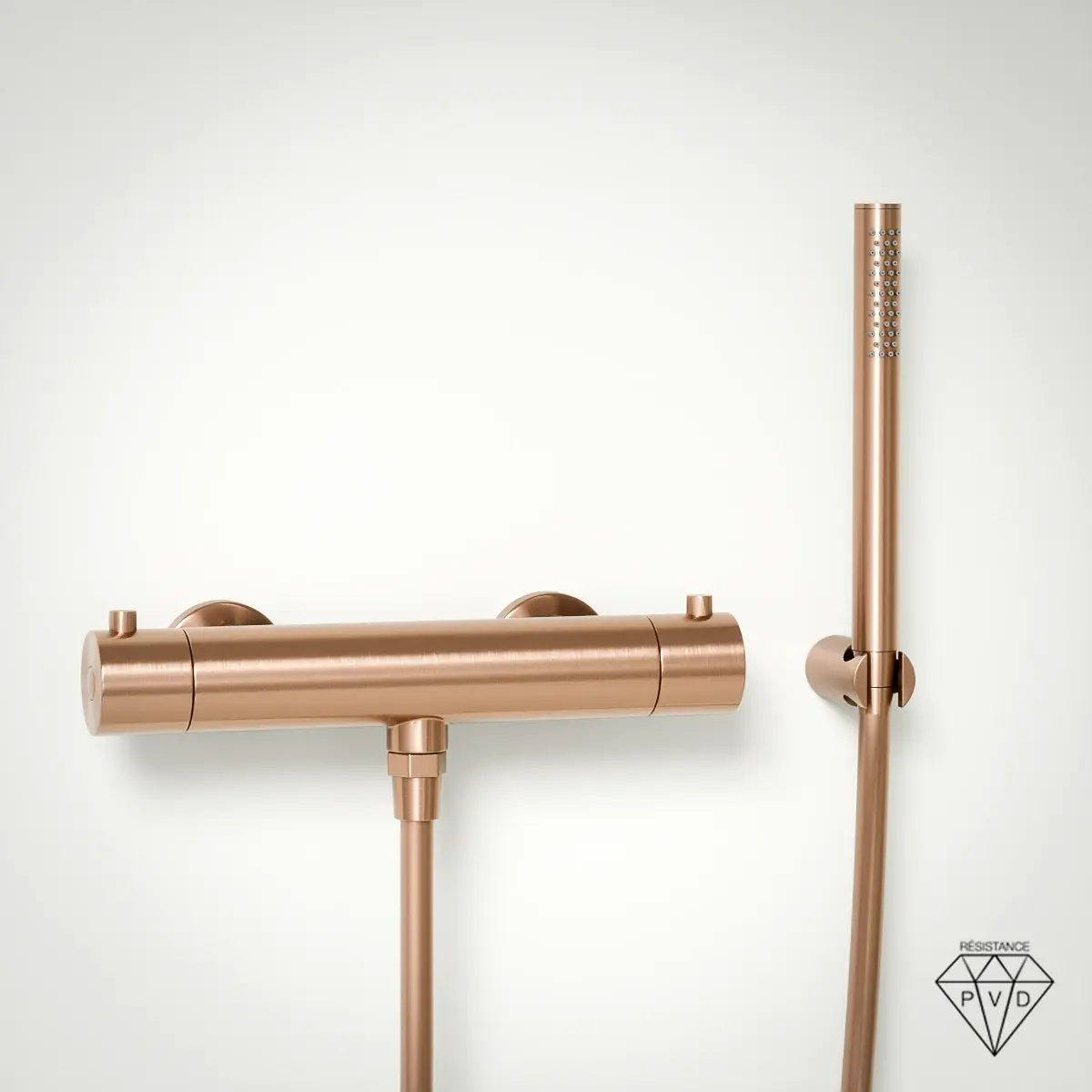 Mitigeur de douche thermostatique doré rose brossé avec support douchette, douchette ronde multifonction et flexible