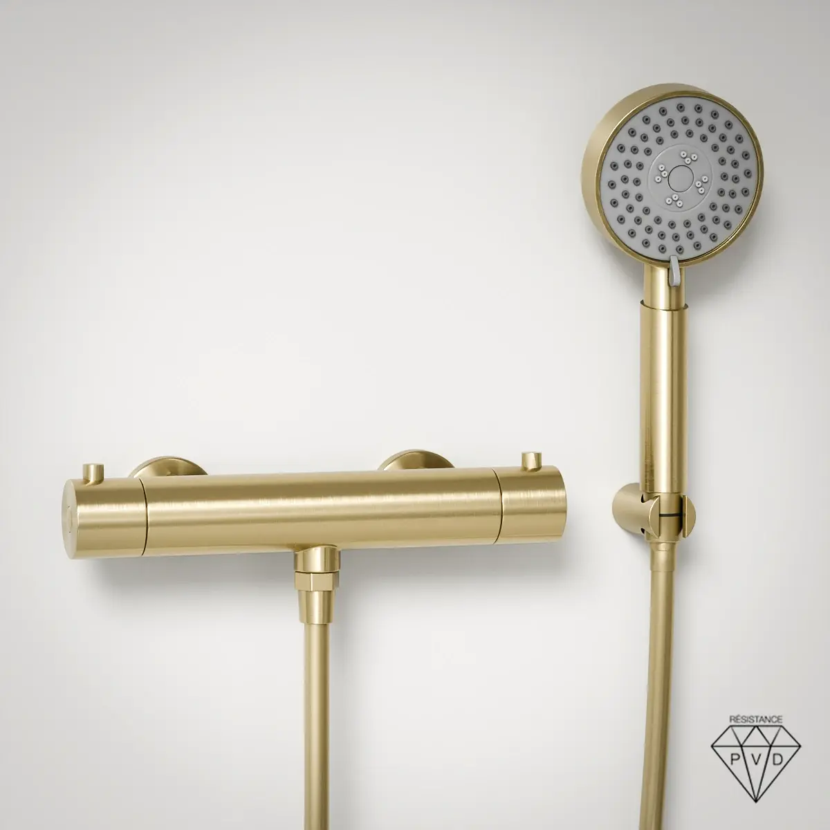Robinet mitigeur thermostatique de douche doré brossé avec douchette ronde trois fonctions
