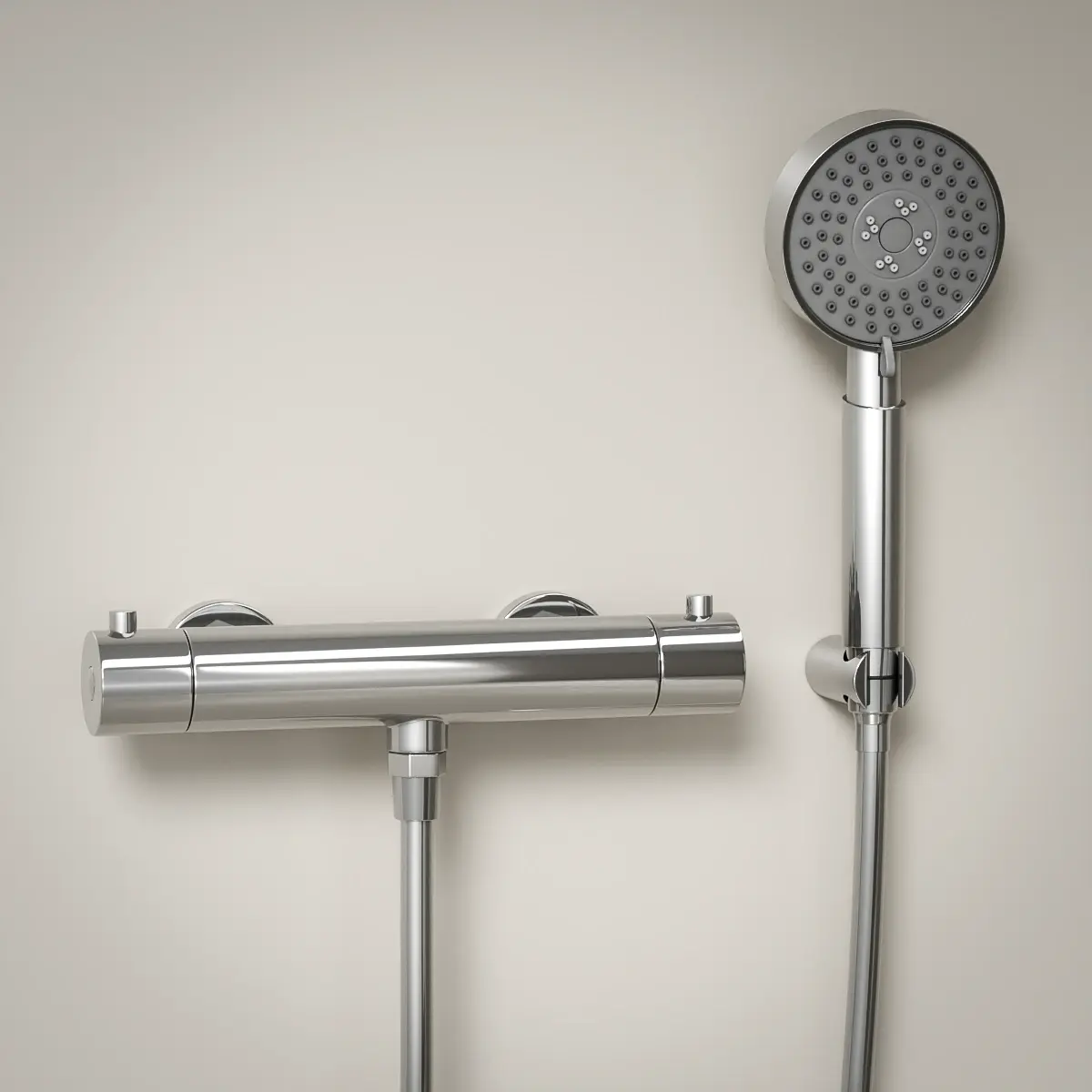 Mitigeur de douche thermostatique chromé Châtelet avec douchette ronde multifonction et support mural