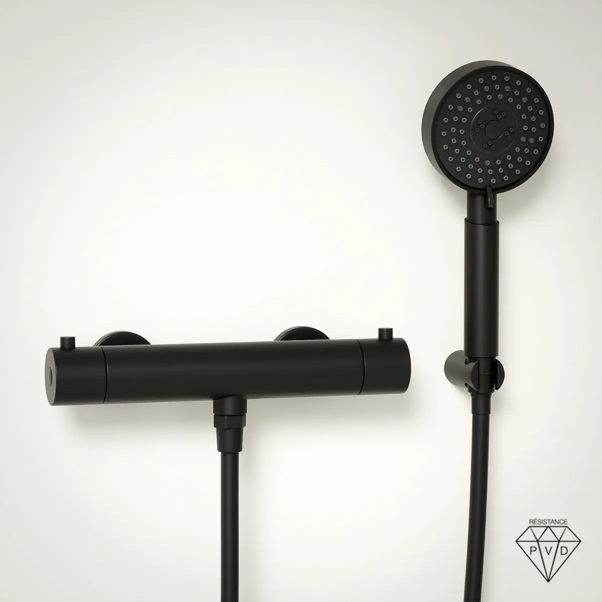 Mitigeur de douche thermostatique noir brossé Châtelet avec douchette ronde multifonction et support mural