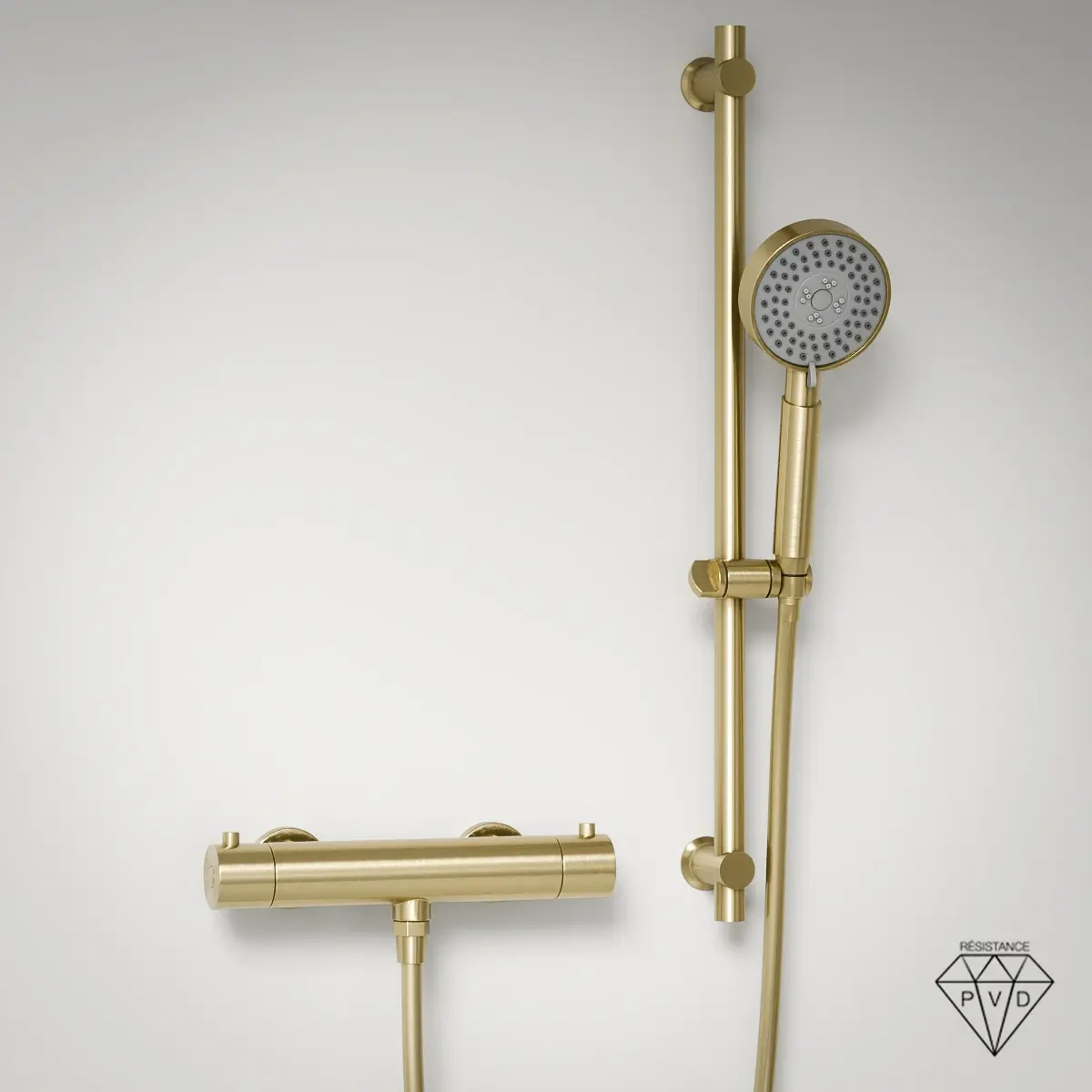 Robinet mitigeur thermostatique de douche doré brossé avec douchette ronde trois fonctions