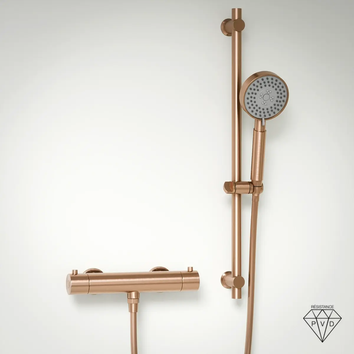 Mitigeur douche Thermostatique externe, barre et douchette ronde, Doré Rose brossé, Chatelet