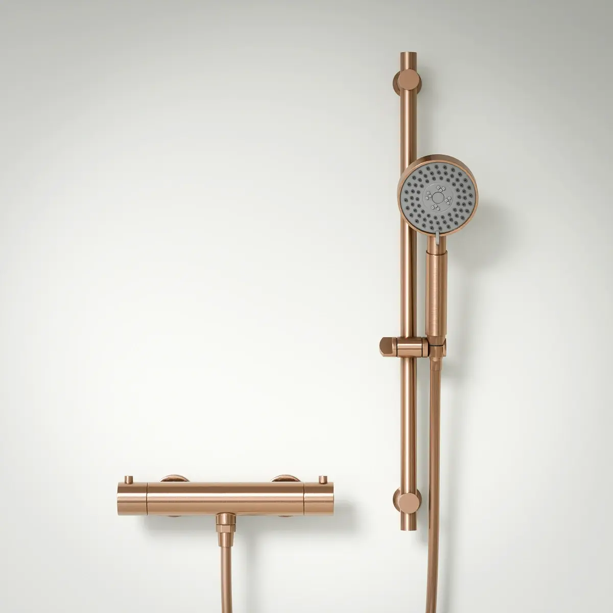 Mitigeur douche Thermostatique externe, barre et douchette ronde, Doré Rose brossé, Chatelet