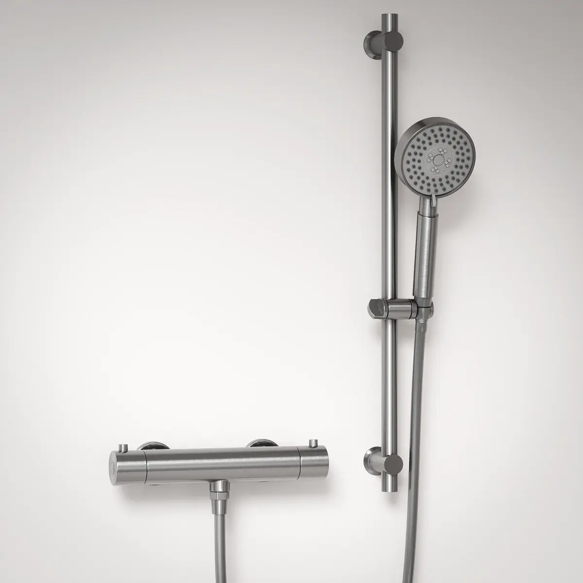 Mitigeur douche Thermostatique externe, barre et douchette ronde, Inox brossé, Chatelet