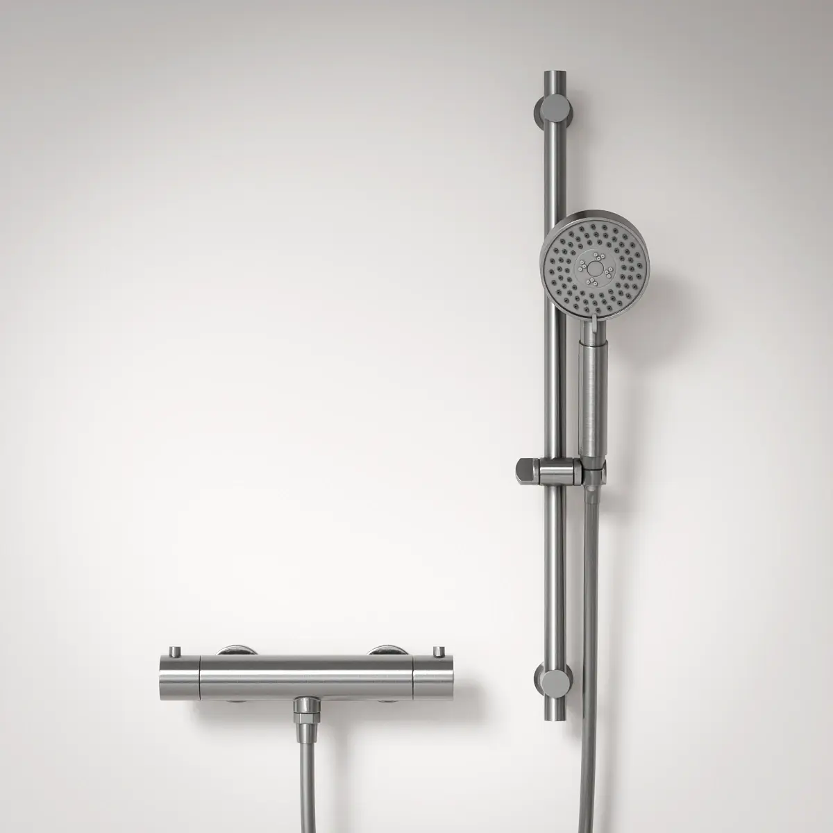 Mitigeur douche Thermostatique externe, barre et douchette ronde, Inox brossé, Chatelet