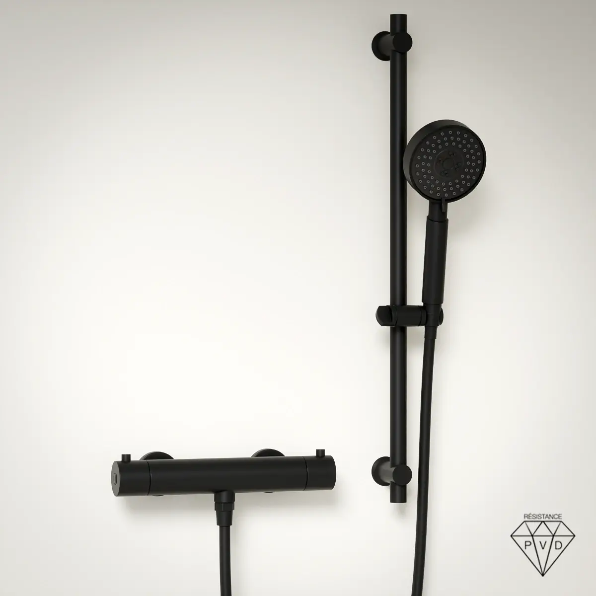 Mitigeur de douche thermostatique noir brossé Châtelet avec barre et douchette ronde multifonction