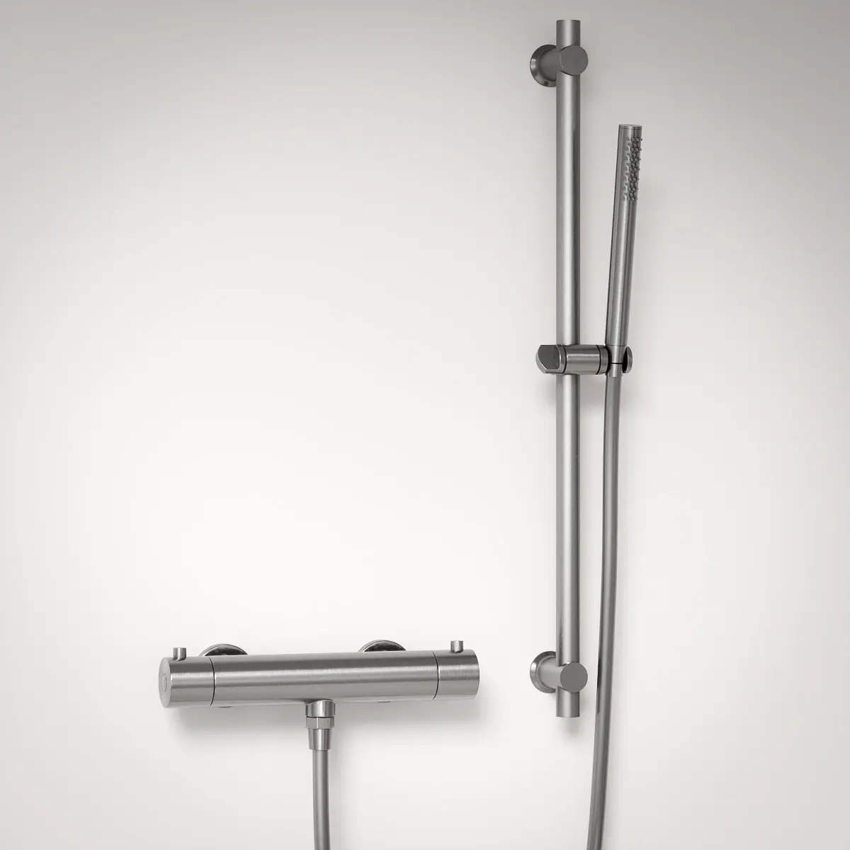 Mitigeur douche Thermostatique externe, barre et douchette tube, Inox brossé, Chatelet 