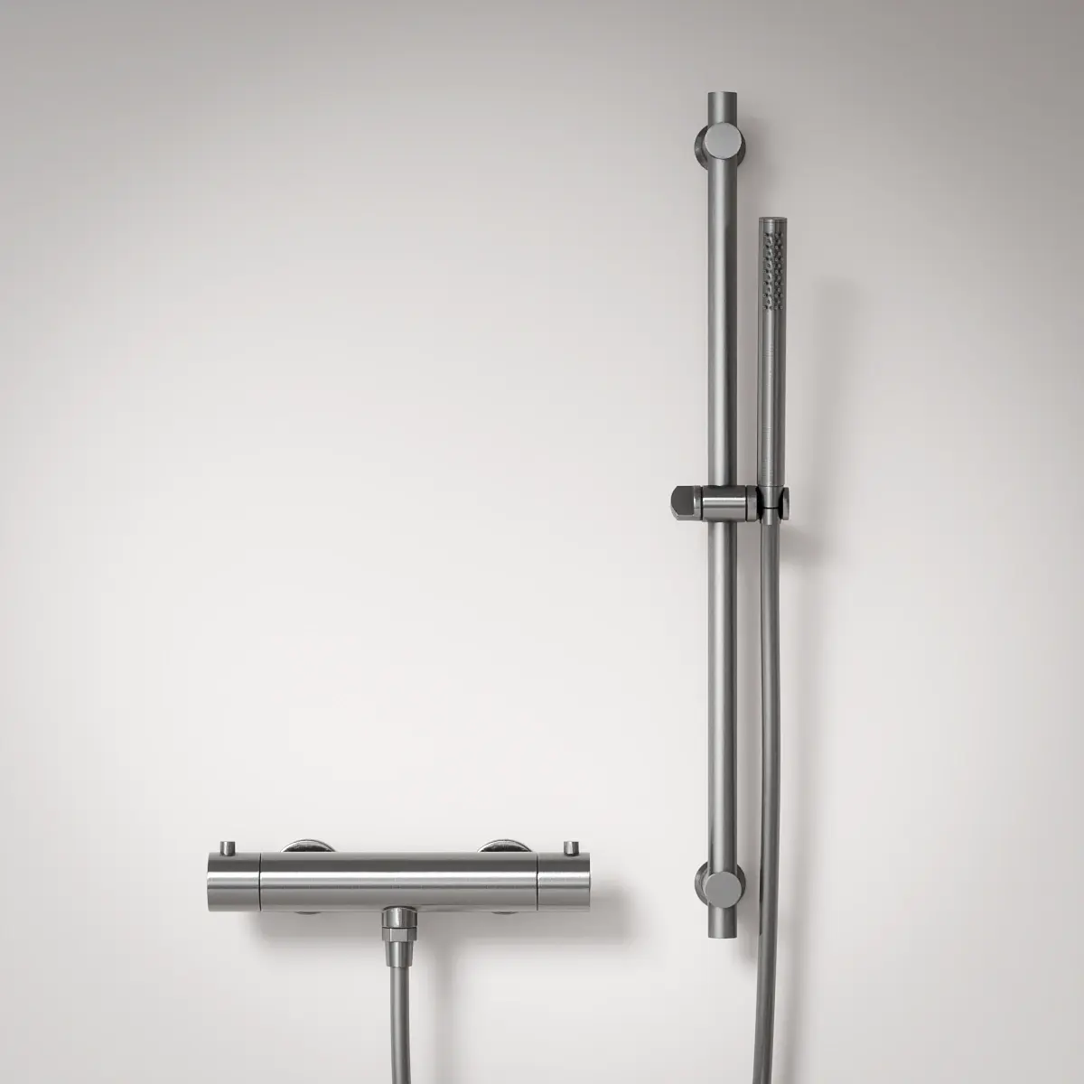 Mitigeur douche Thermostatique externe, barre et douchette tube, Inox brossé, Chatelet 