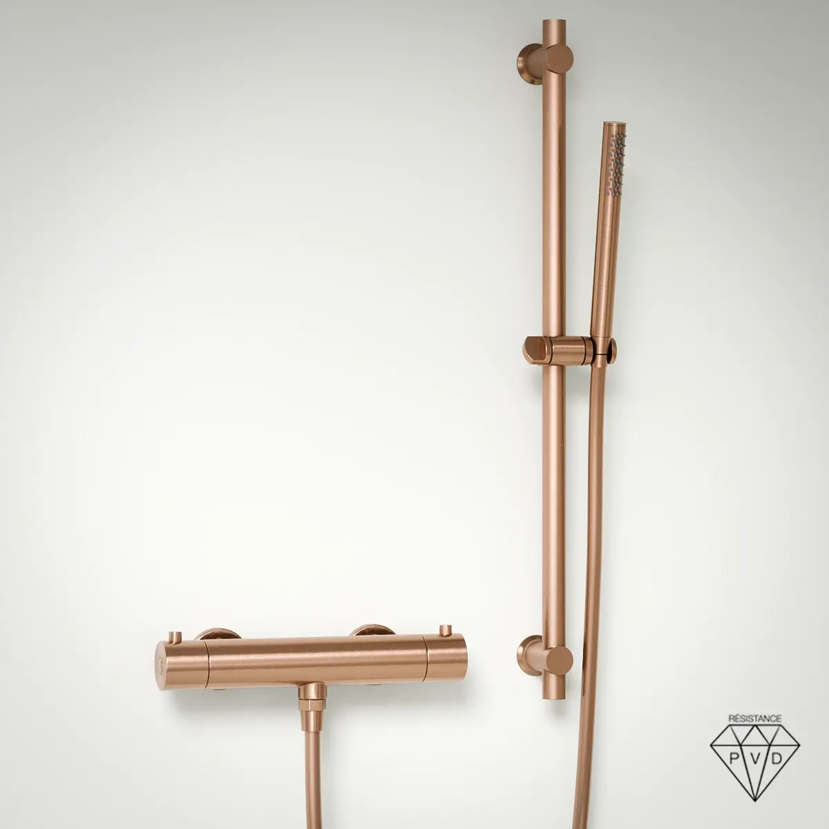 Mitigeur douche Thermostatique externe, barre et douchette tube, Doré Rose brossé, Chatelet  