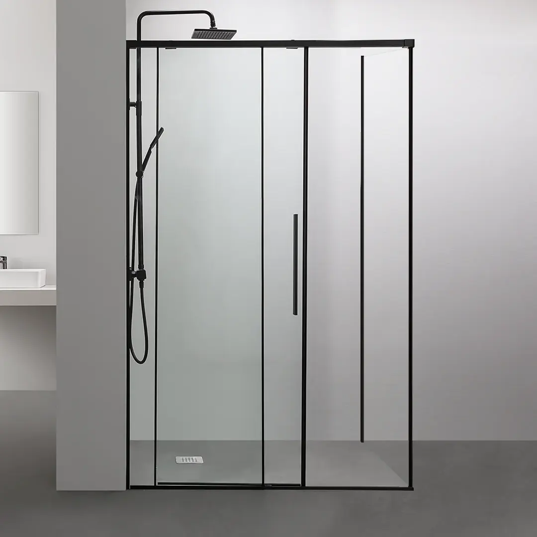 Cabine de douche PORTA noir mat en verre transparent anticalcaire avec porte coulissante réversible et retour fixe – Hauteur 195 cm