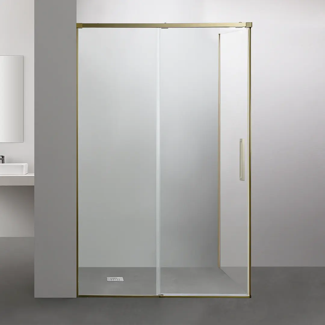 Cabine de douche coulissante softclose, 95 à 180cm, avec retour fixe d'angle 70/80/90/100cm, Doré brossé, Porta