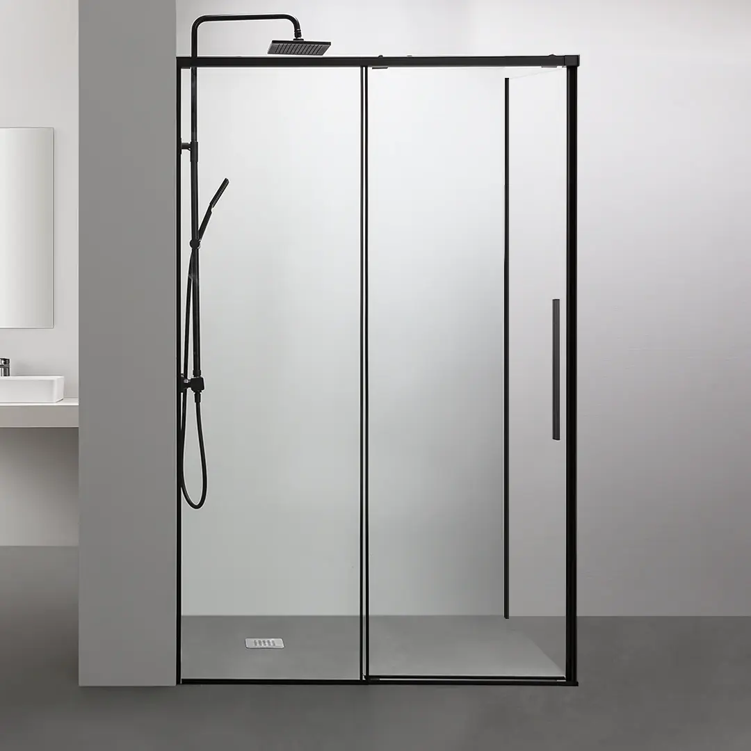 Cabine de douche coulissante softclose, 95 à 180cm, avec retour fixe d'angle 70/80/90/100cm, Noir mat, Porta 