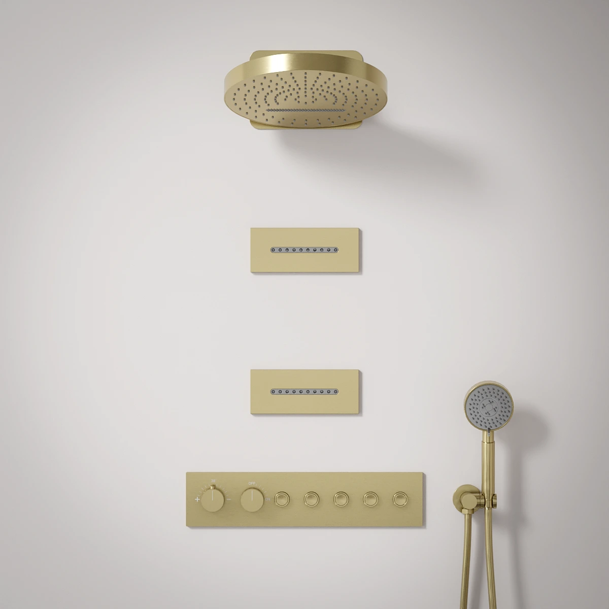 Douche thermostatique, ciel de douche cascade et pluie avec buses hydromassantes, doré brossé Châtelet