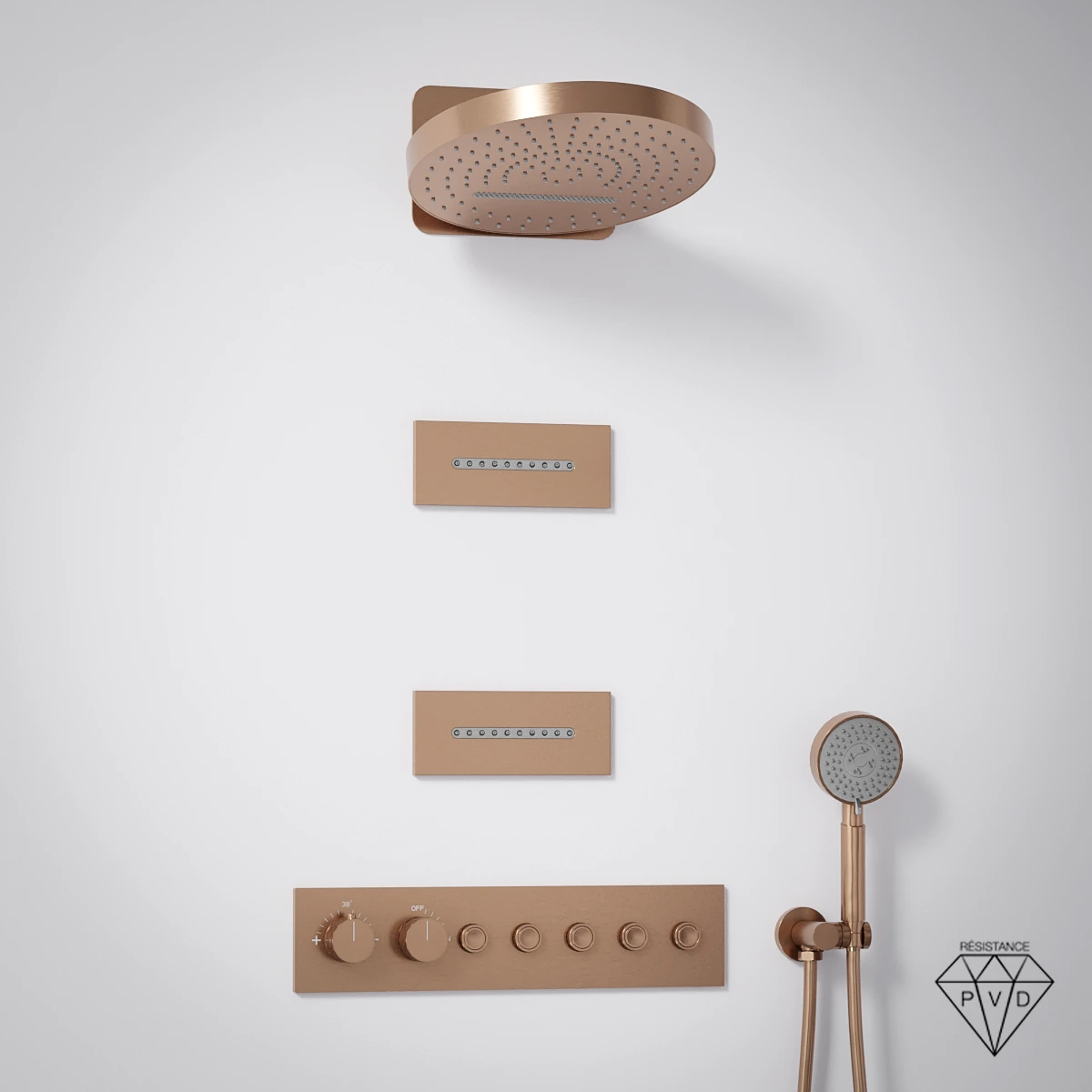 Composition de douche doré rose brossé PVD Châtelet avec ciel rond et buses rectangulaires à effet ondulé