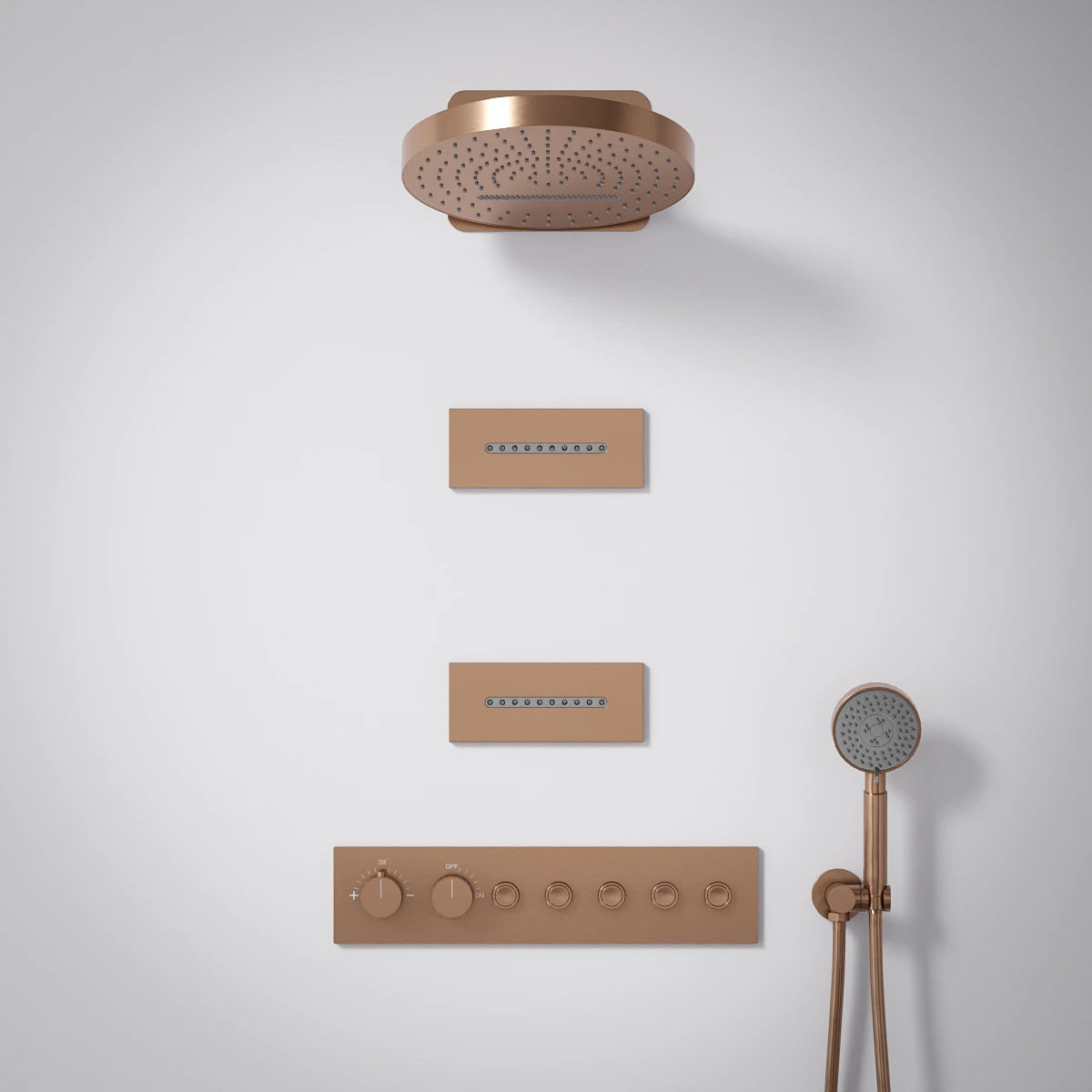 Douche thermostatique, ciel de douche cascade et pluie avec buses hydromassantes, doré rose brossé Châtelet