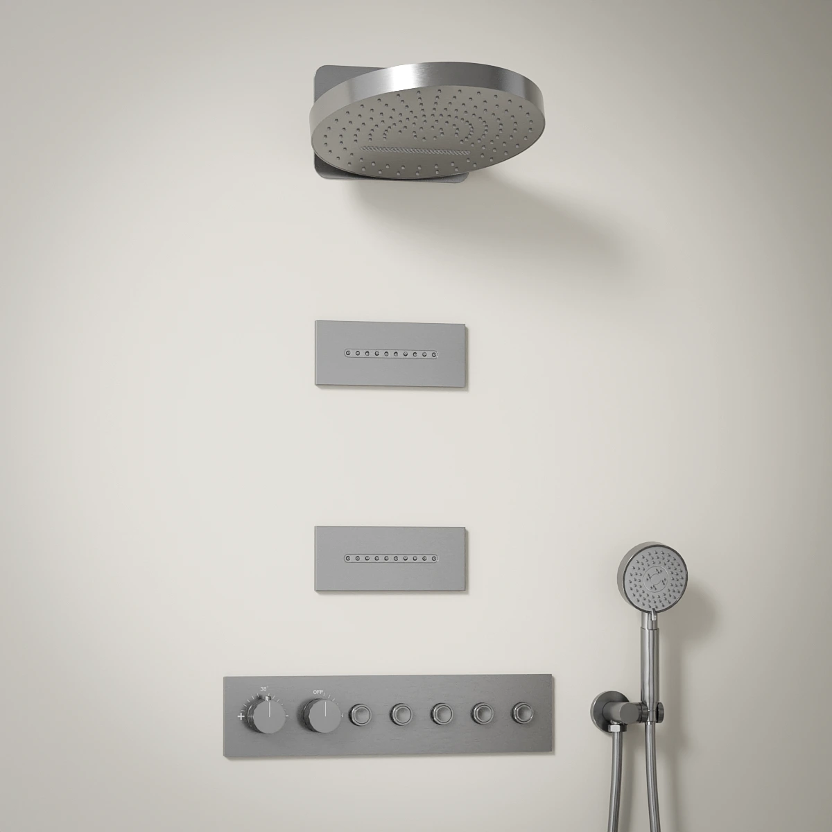 Composition de douche inox brossé Châtelet avec ciel de douche rond et buses rectangulaires à effet ondulé