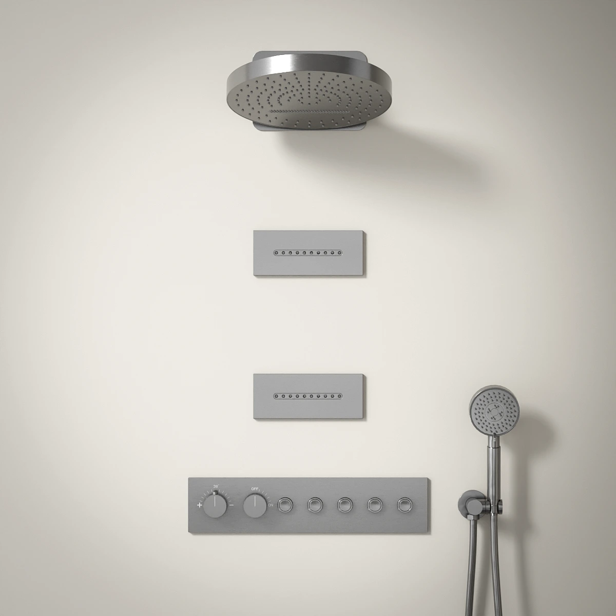 Douche thermostatique, ciel de douche cascade et pluie avec buses hydromassantes, inox brossé Châtelet