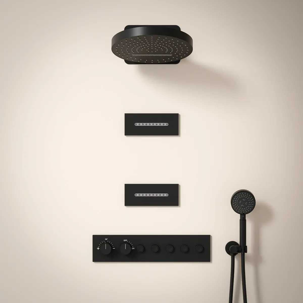 Douche thermostatique, ciel de douche cascade et pluie avec buses hydromassantes, noir brossé Châtelet