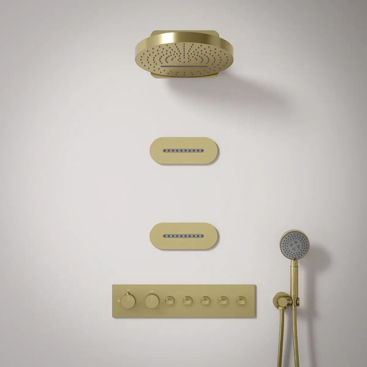 Douche thermostatique, ciel de douche ronde et buses, doré brossé Châtelet