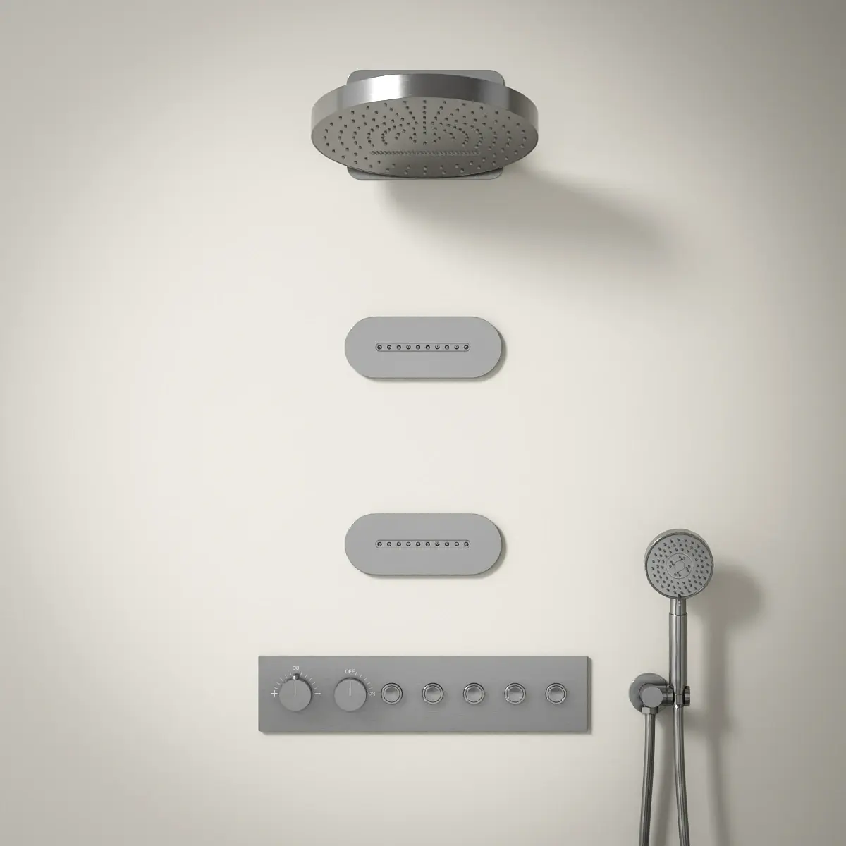 Douche thermostatique, ciel de douche ronde et buses, inox brossé Châtelet 