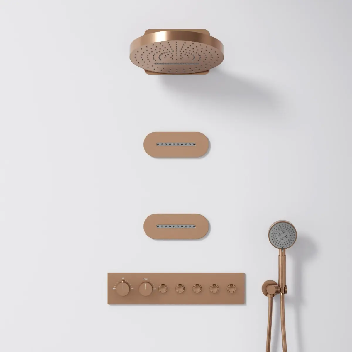 Douche thermostatique, ciel de douche ronde et buses, doré rose brossé Châtelet