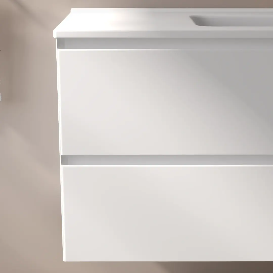 Meuble suspendu 120cm, 2 tiroirs, blanc mat, et plan vasque céramique blanc mat, One 