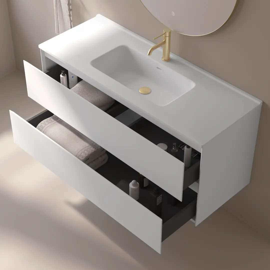 Meuble suspendu 120cm, 2 tiroirs, blanc mat, et plan vasque céramique blanc mat, One 